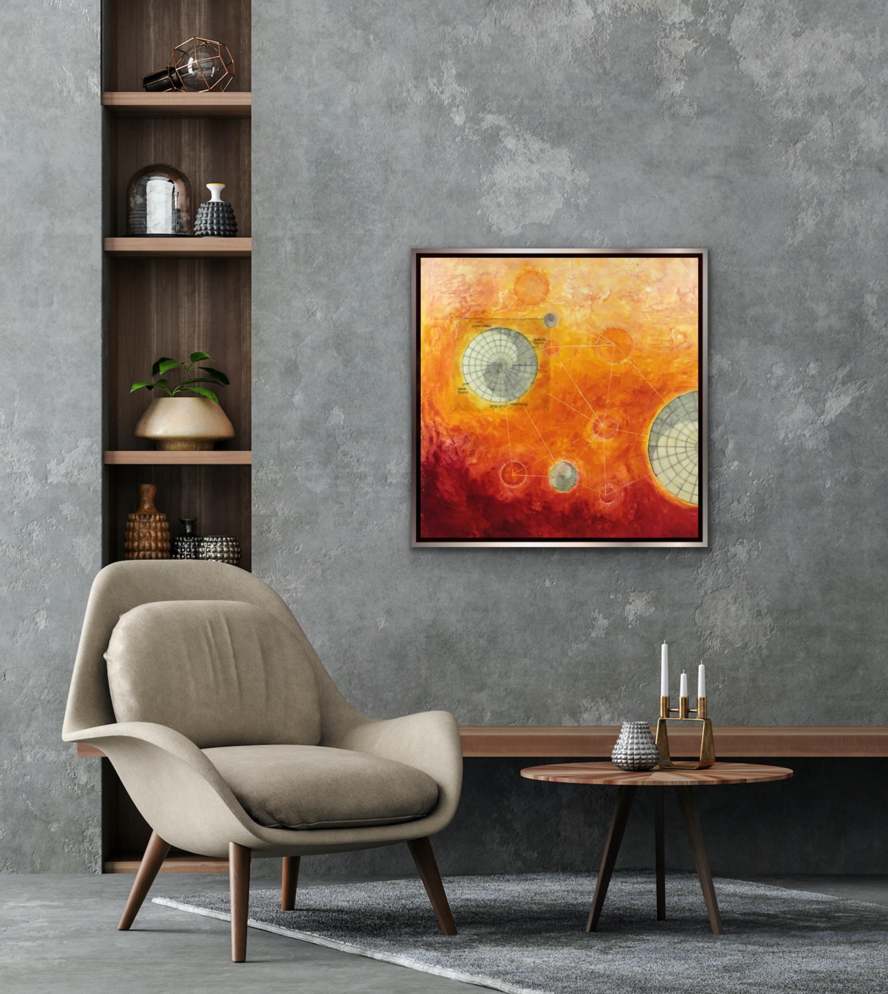 SOLSTICE 2019 (peinture abstraite, géométrique et à l'encaustique sur carton rouge et orange) - Orange Abstract Painting par Susan E. Squires