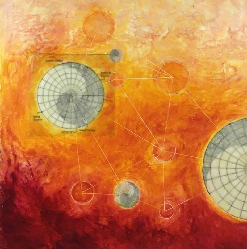 Susan E. Squires Abstract Painting - SOLSTICE 2019 (Red & Orange, Abstract, Geometric, Encaustic painting on board)