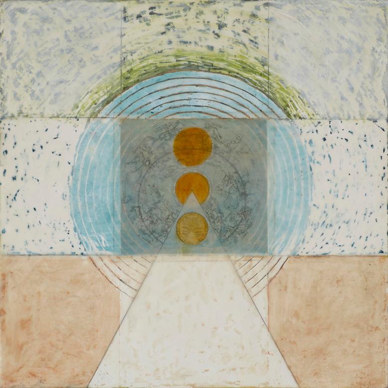 Susan E. Squires Abstract Painting - SULHELM (Blue, Green, Orange - Abstract, Encaustic & oil painting on board) 2015