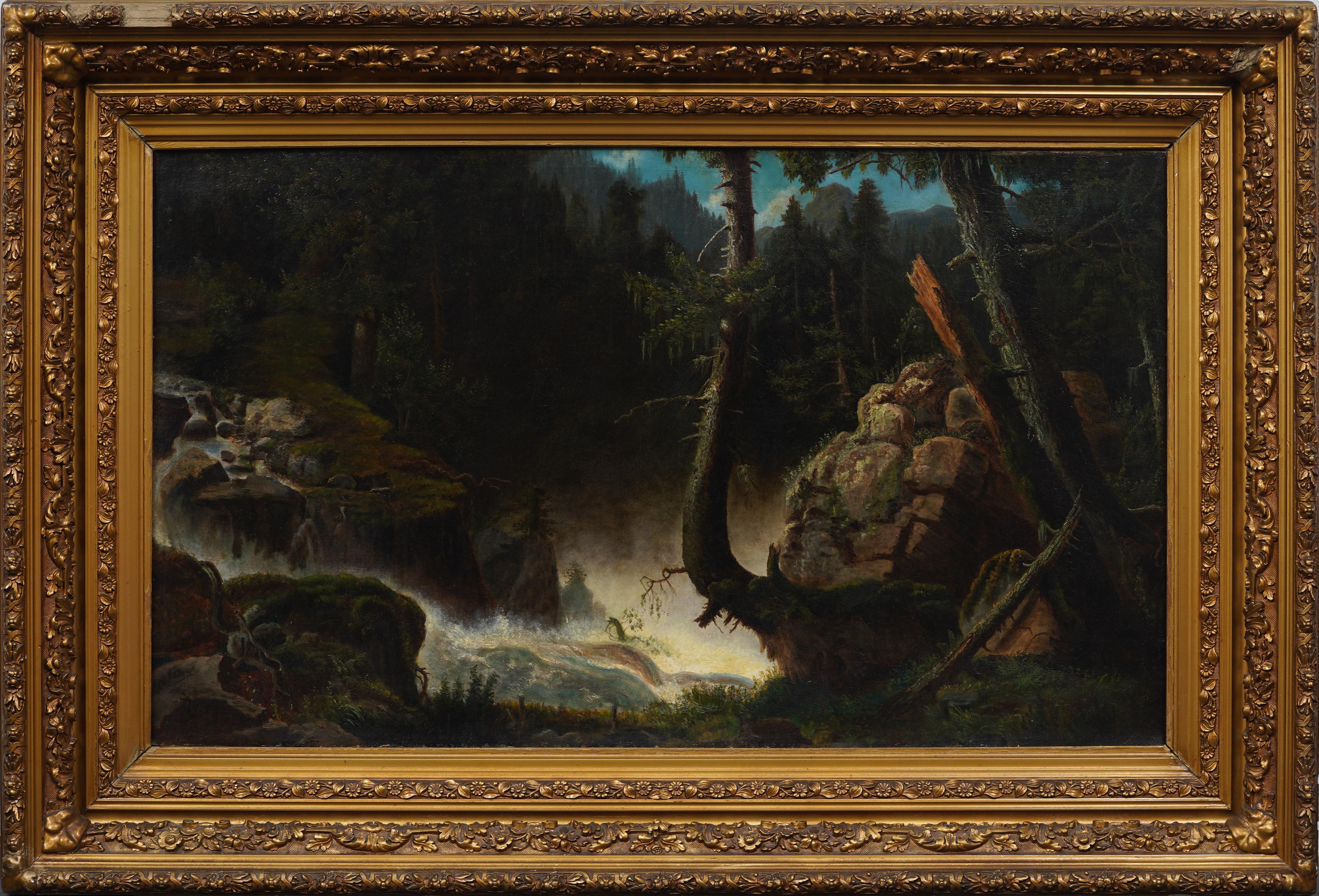 Gran cuadro al óleo antiguo de la Escuela Americana del Río Hudson Paisaje en cascada Raro - Painting de Susan E. W. Fuller 