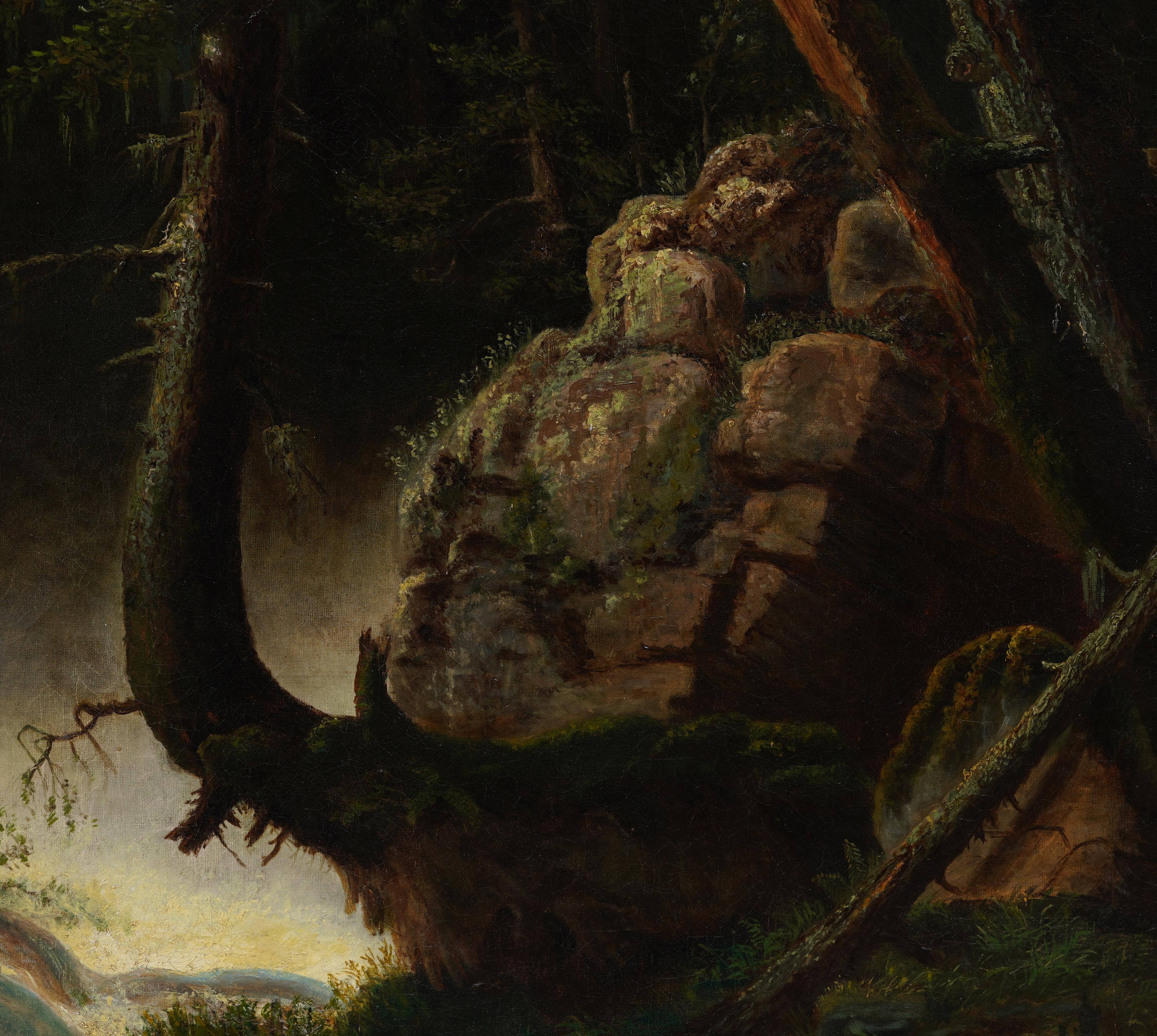 Gran cuadro al óleo antiguo de la Escuela Americana del Río Hudson Paisaje en cascada Raro - Painting Escuela del río Hudson de Susan E. W. Fuller 