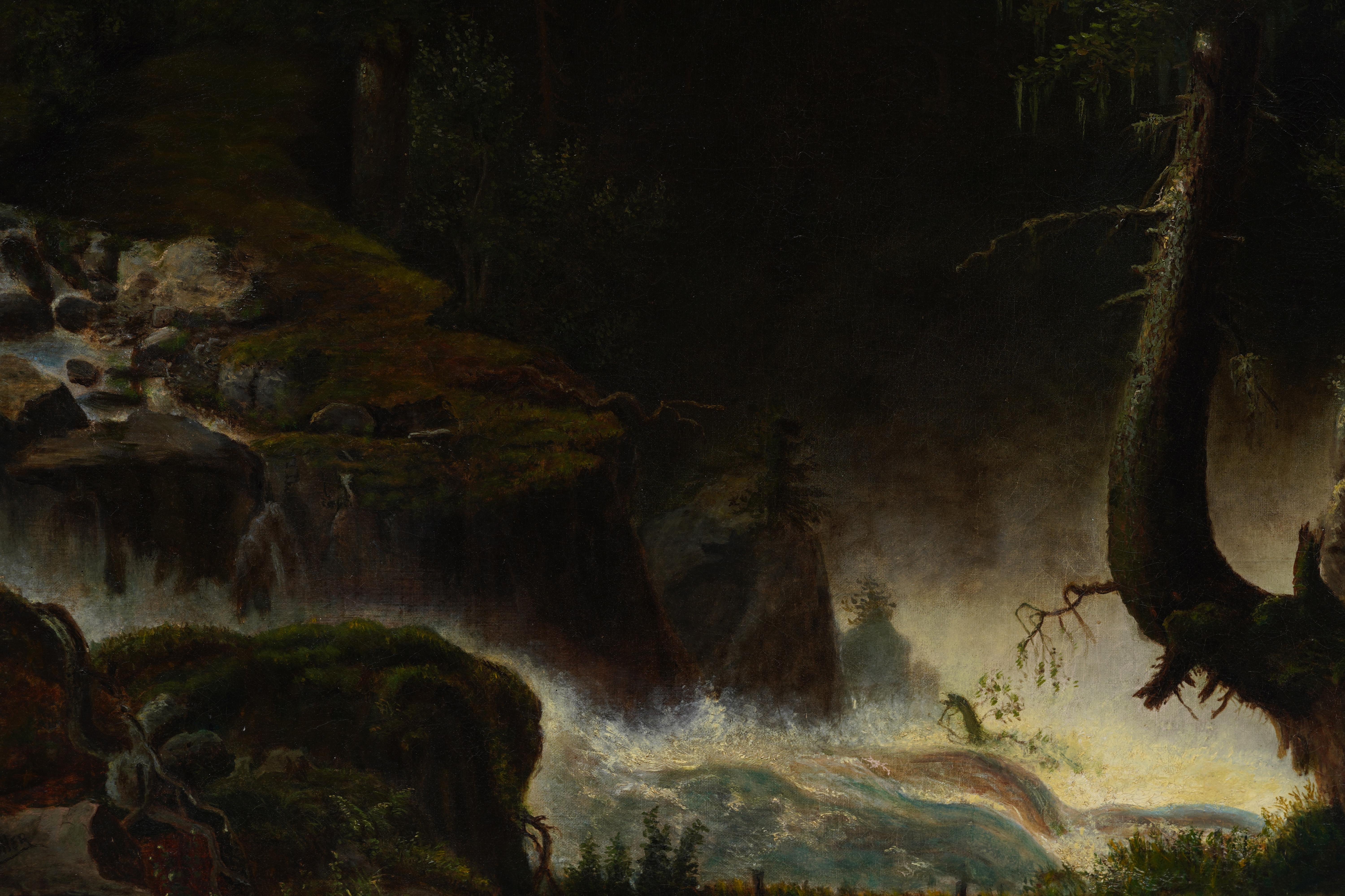 Gran cuadro al óleo antiguo de la Escuela Americana del Río Hudson Paisaje en cascada Raro - Landscape Painting Negro de Susan E. W. Fuller 