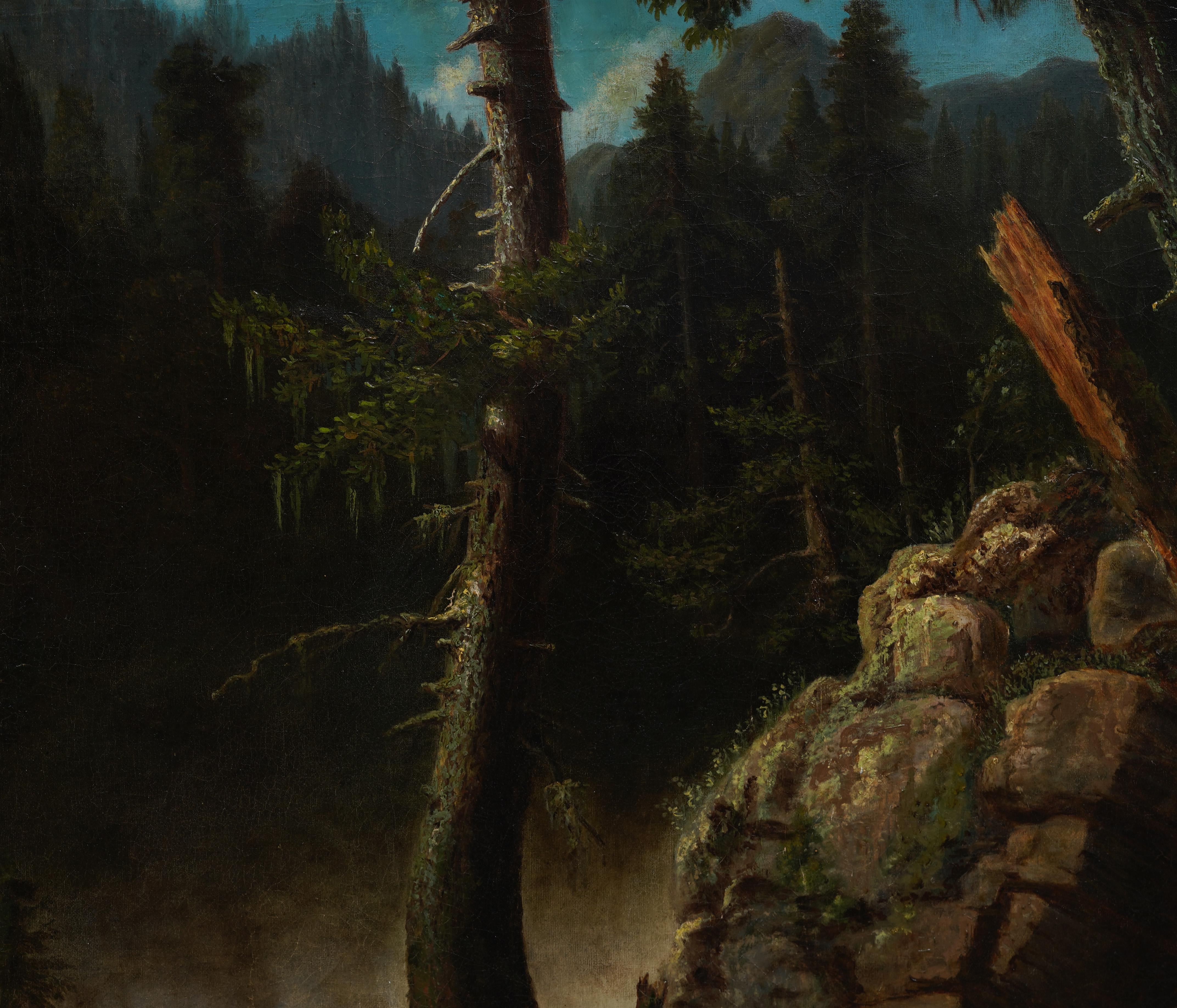 Antigua y rara mujer artista estadounidense Paisaje de cascada de la Escuela del Río Hudson por Susan E. W. Fuller (1831 - 1907).  Óleo sobre lienzo.  Firmado. Cuadro grande e impresionante.  Bellamente enmarcado en un  moldura de cala dorada. 