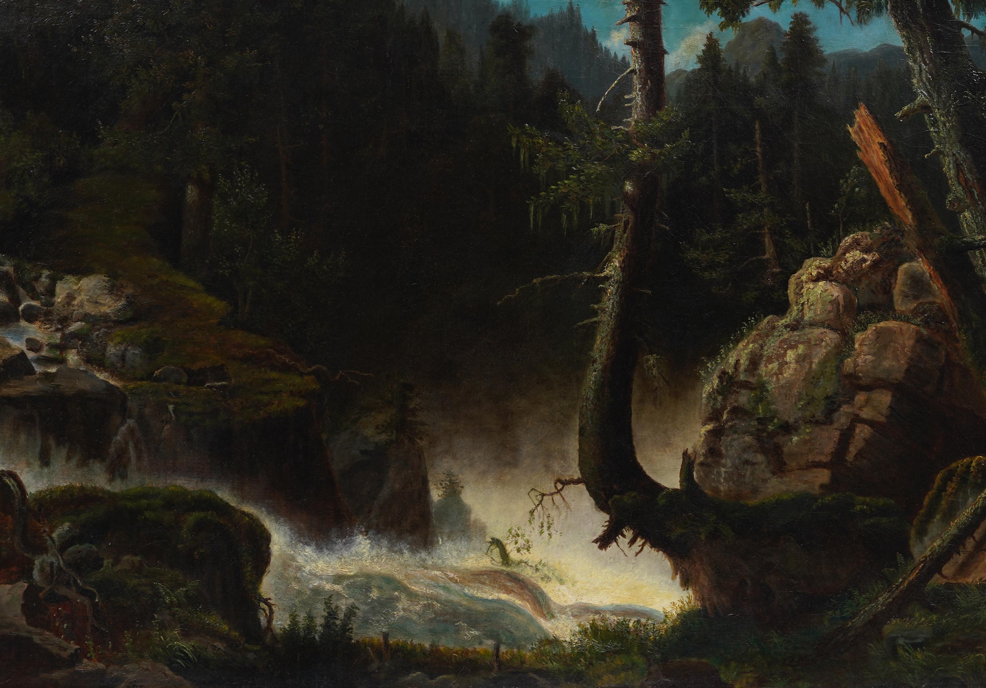 Gran cuadro al óleo antiguo de la Escuela Americana del Río Hudson Paisaje en cascada Raro en venta 2