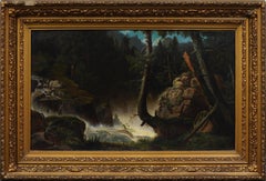 Large Antique American Hudson River School Waterfall Landscape Rare Oil Painting