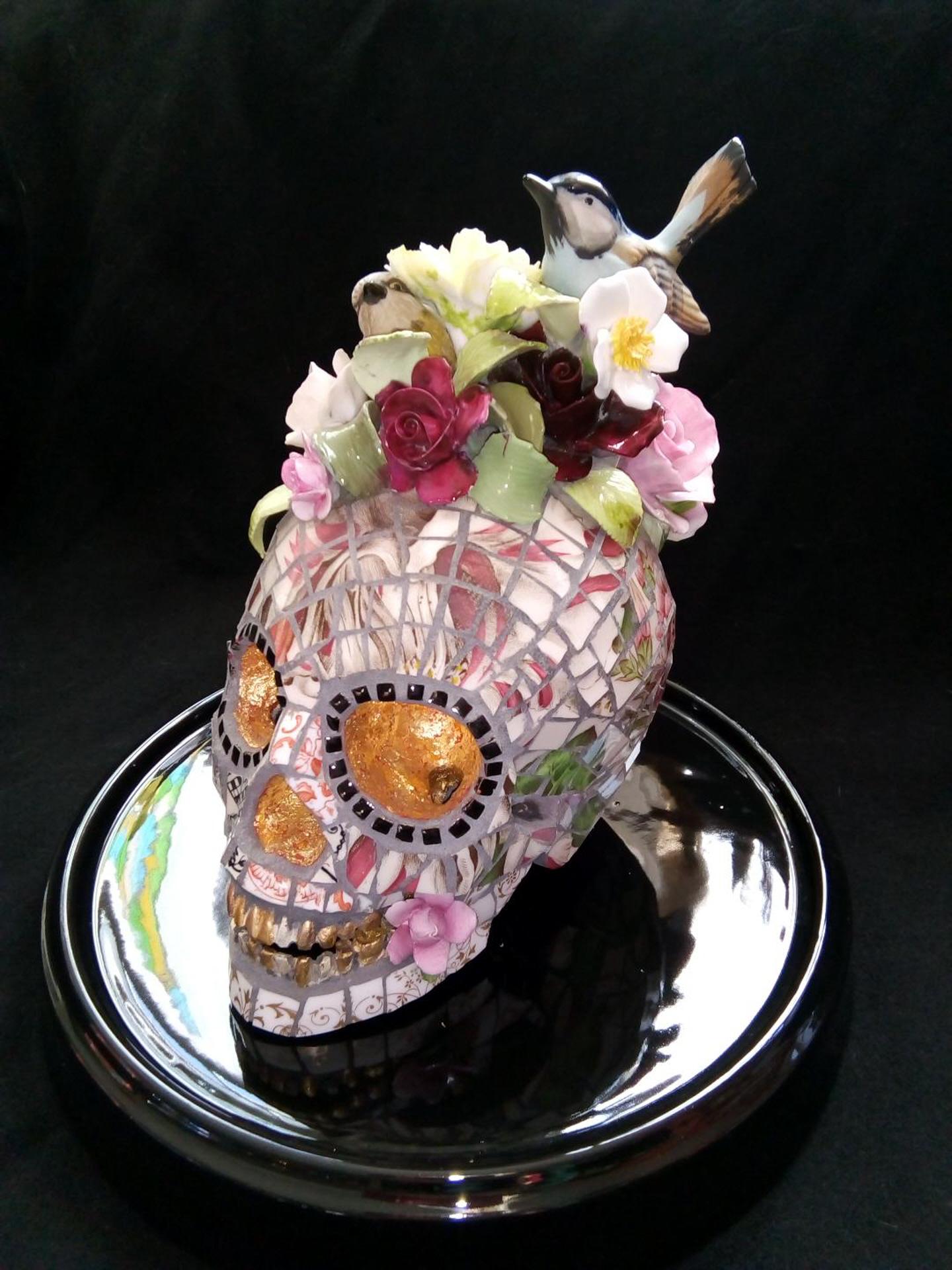 Skull of a May Queen, Recycled ceramic Sculpture, English Artist Susan Elliott
