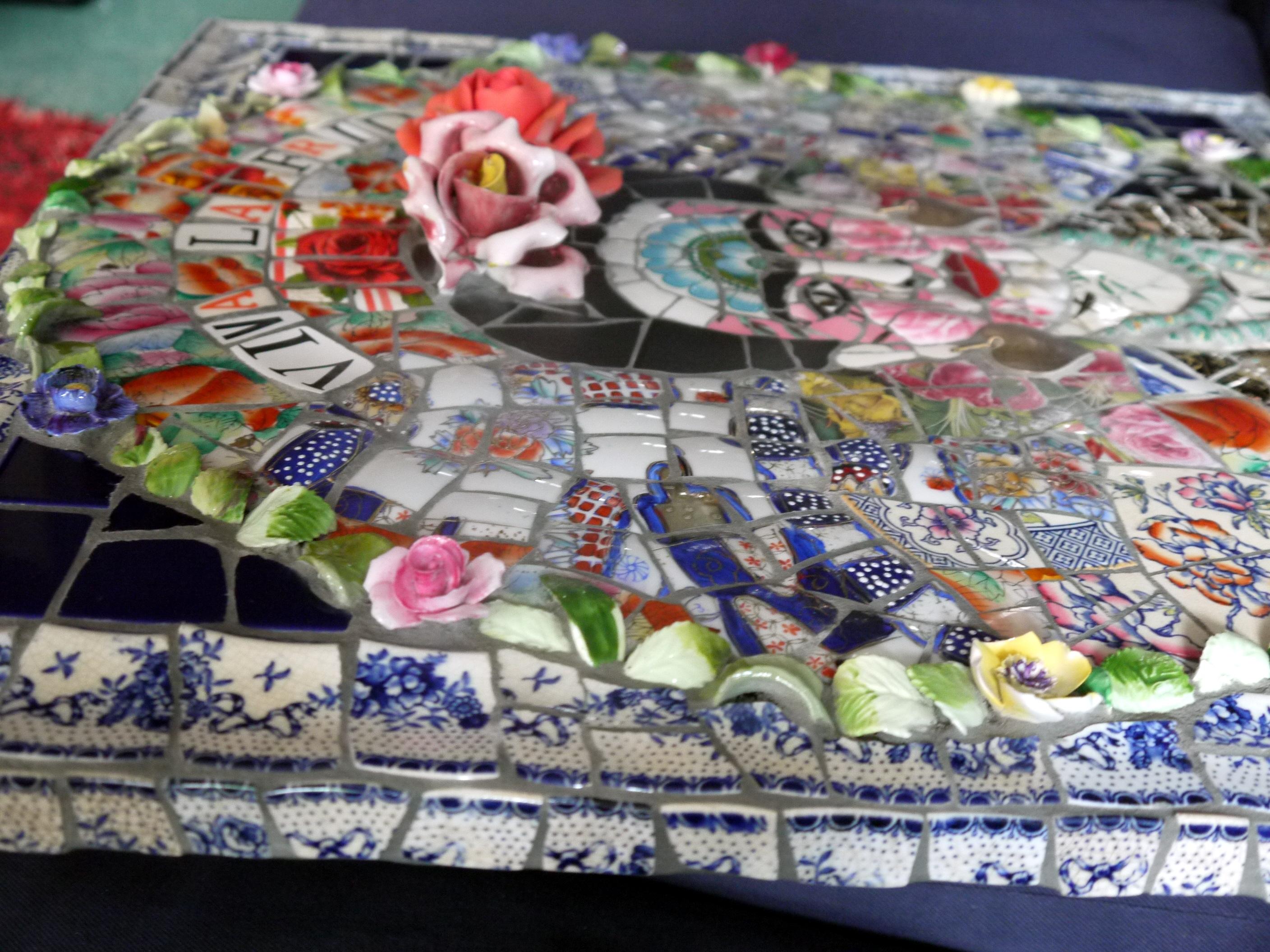 Viva La Frida , Recycled ceramic mosaic by English Artist Susan Elliott 1