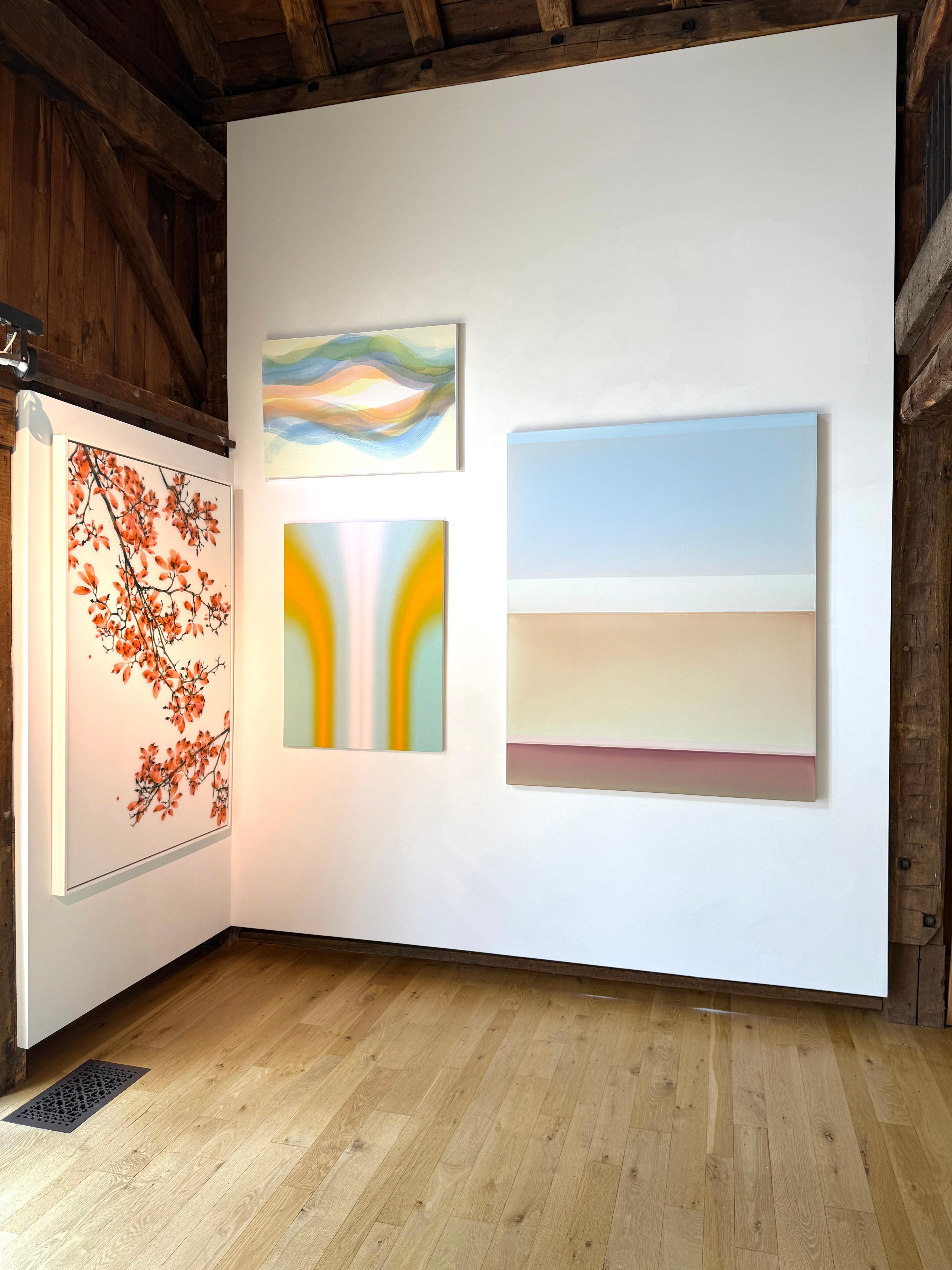 Bright Air by Susan English is a wonderful play of color, light, and composition. The layers of English's tinted polymer on Dibond panel create depth and surface textures throughout the painting, which is composed of three panels. Hues of violet