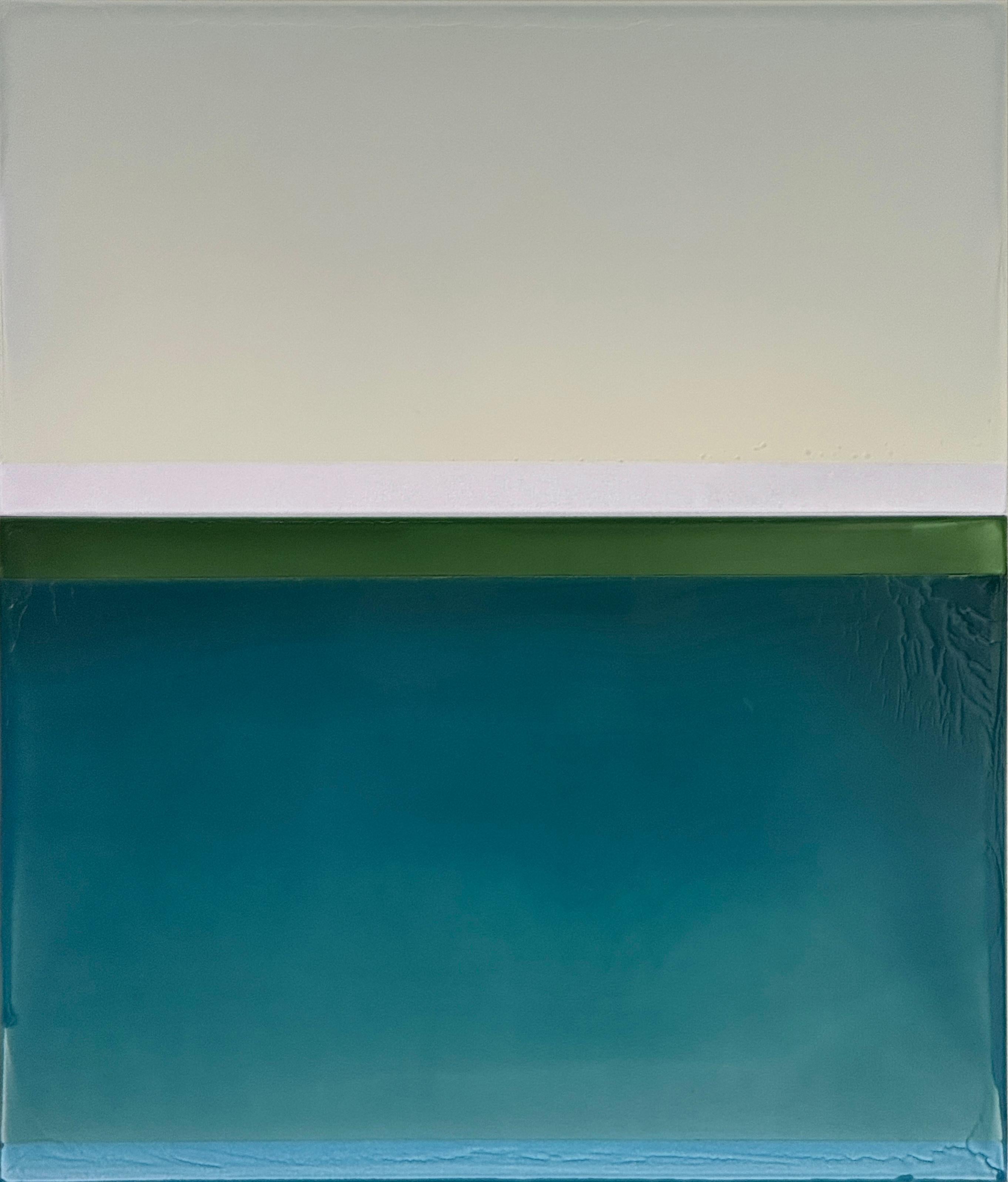Abstract Painting di Susan English - Bordo dell'acqua - Pittura contemporanea colata Blu Teal Verde Avorio, 2025