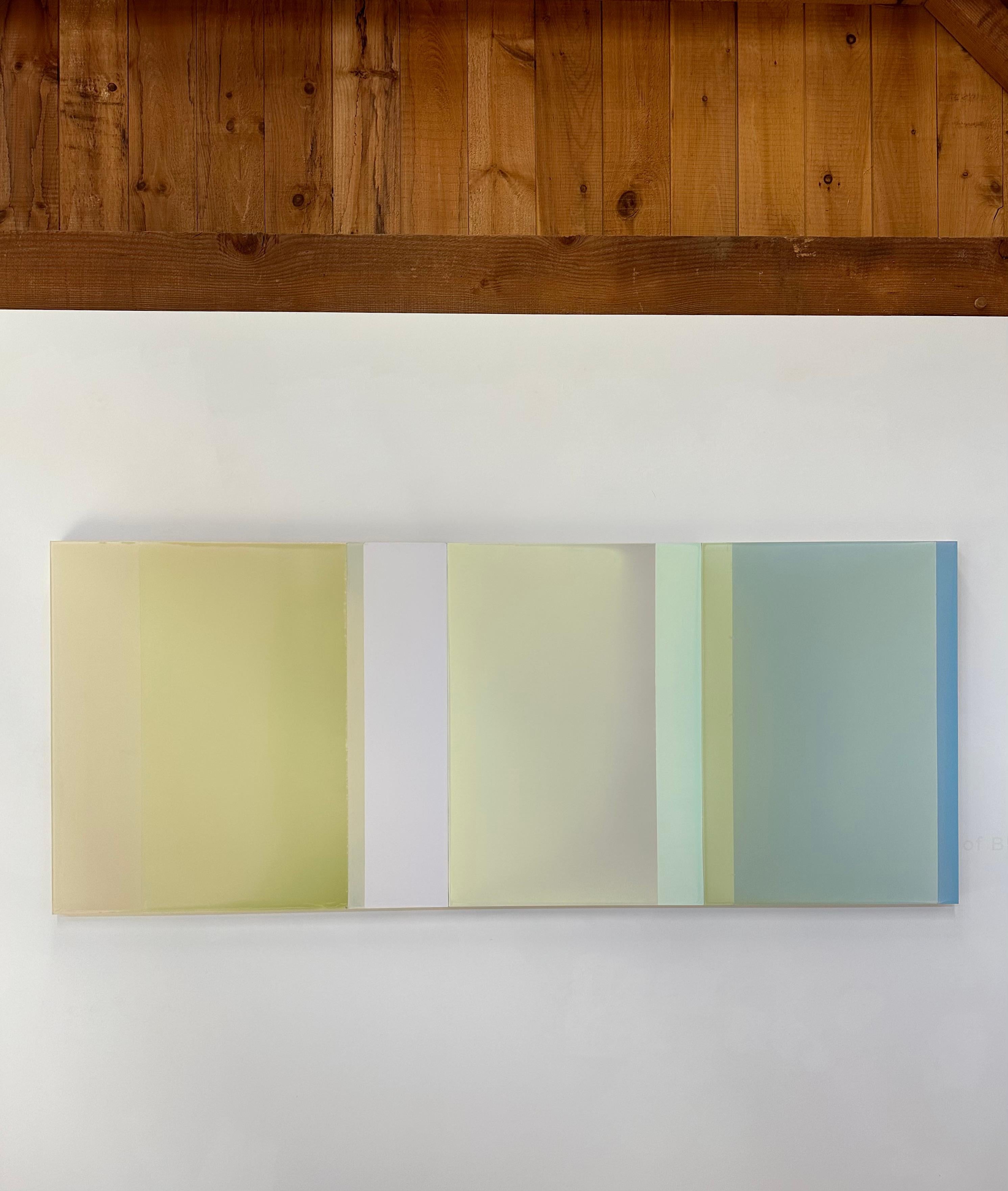 The surface of Leave the Path by Susan English is a wonderful play of color, light, and composition. Hues of olive, soft jade, pale sage green, light mint green, and pale bluish green meet and merge in softly transitioning planes. The poured layers