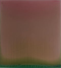 Outland 12, Vertical Glossy Painting in Pale Soft Red, Pale Coral, Dark Green