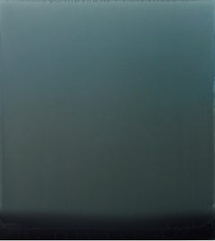 Outland 14, Vertical Glossy Painting in Pale Gray Green Blue and Dark Green