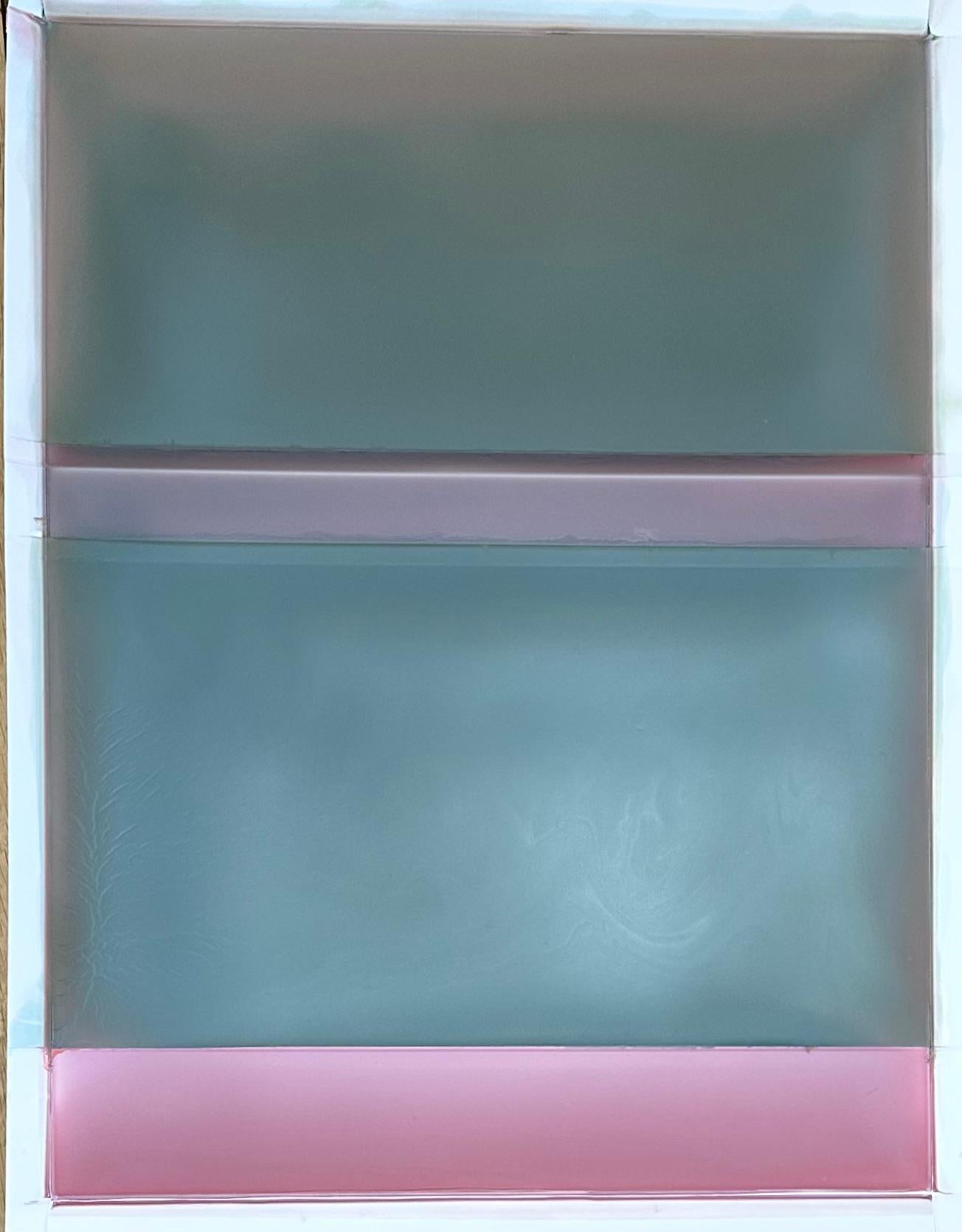 Rose Bleed Wide Footer, Sage Jade Green, Pale Pink Tinted Polymer, Yupo Paper - Painting by Susan English