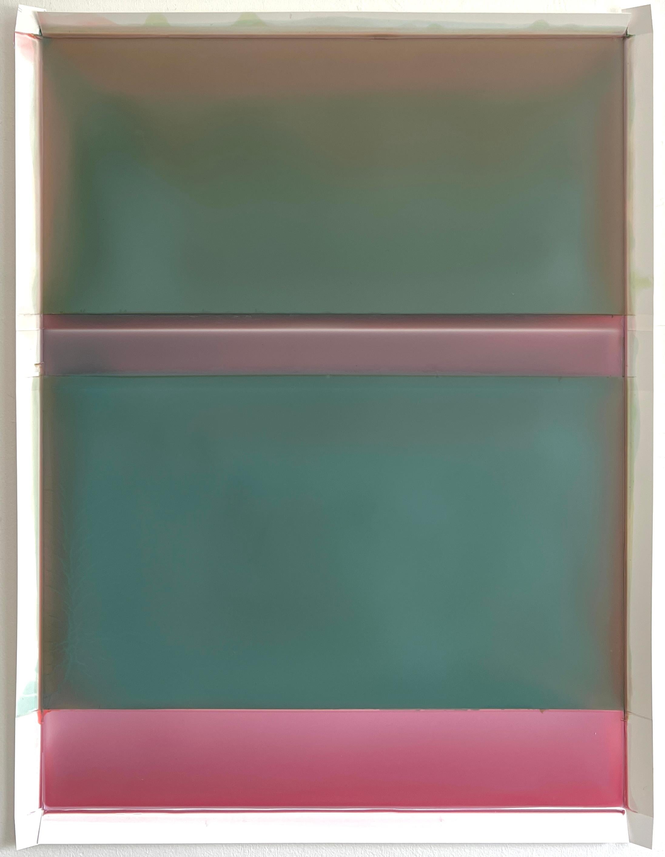 Susan English Abstract Painting - Rose Bleed Wide Footer, Sage Jade Green, Pale Pink Tinted Polymer, Yupo Paper