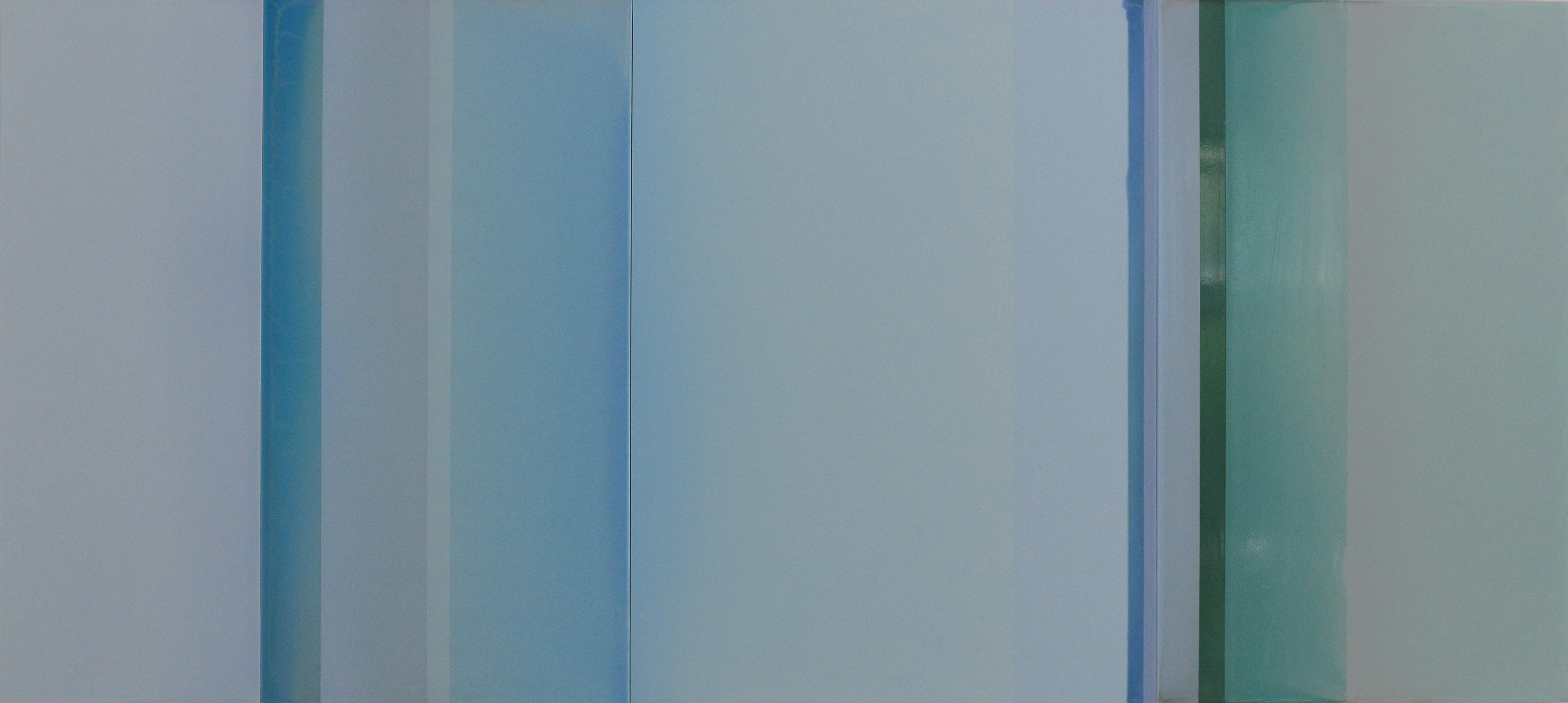 Susan English
Shades of Ocean, 2019
tinted polymer on aluminum panel
36 x 80 in.

This contemporary abstract painting is created through a process of pouring acrylic polymer on panel, which results in a sleek, shiny surface.  The painting is
