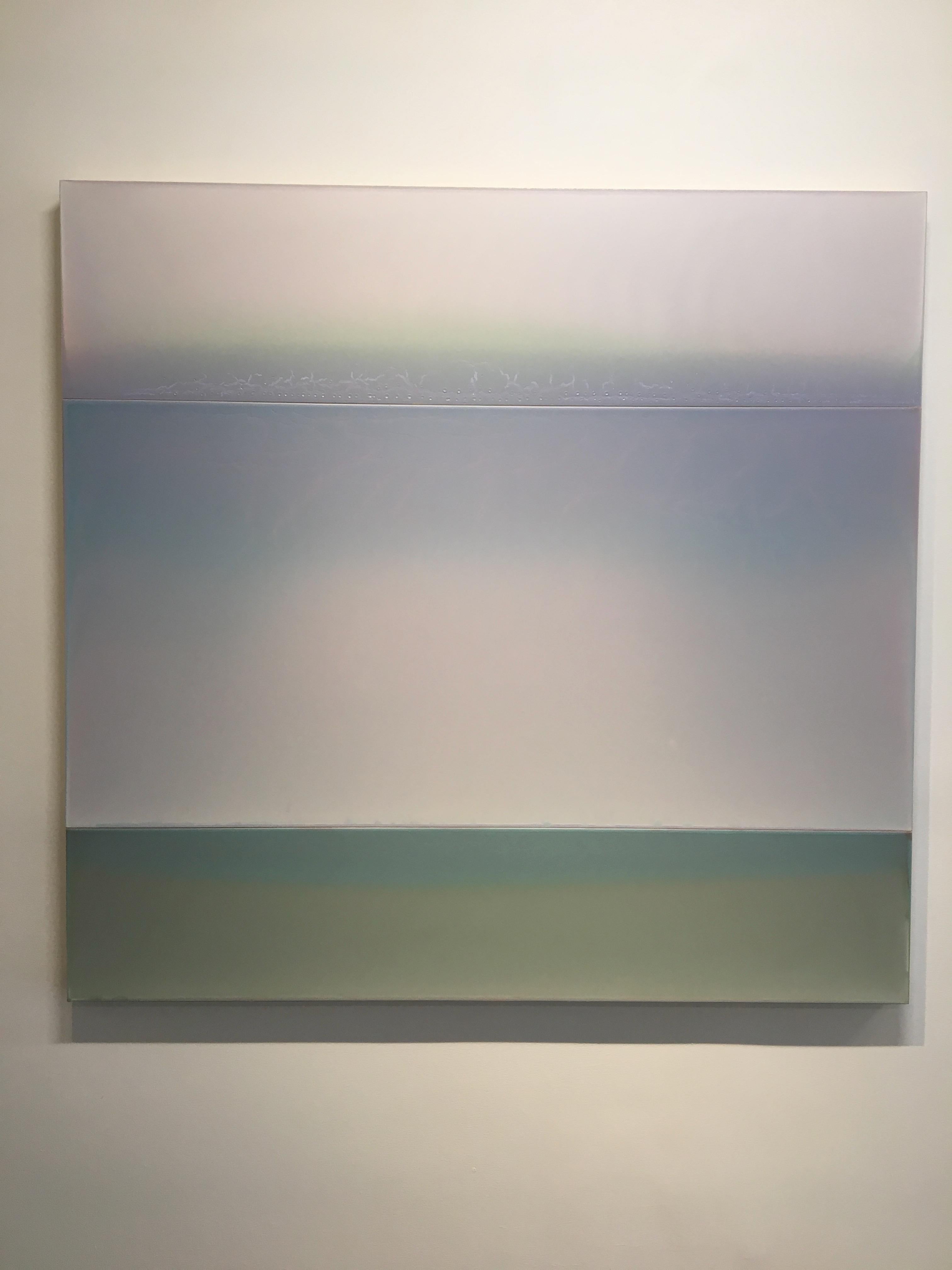 Susan English Abstract Painting - Split Cloud, Tinted Polymer Painting in Soft Mint Green, Lilac and Pale Pink