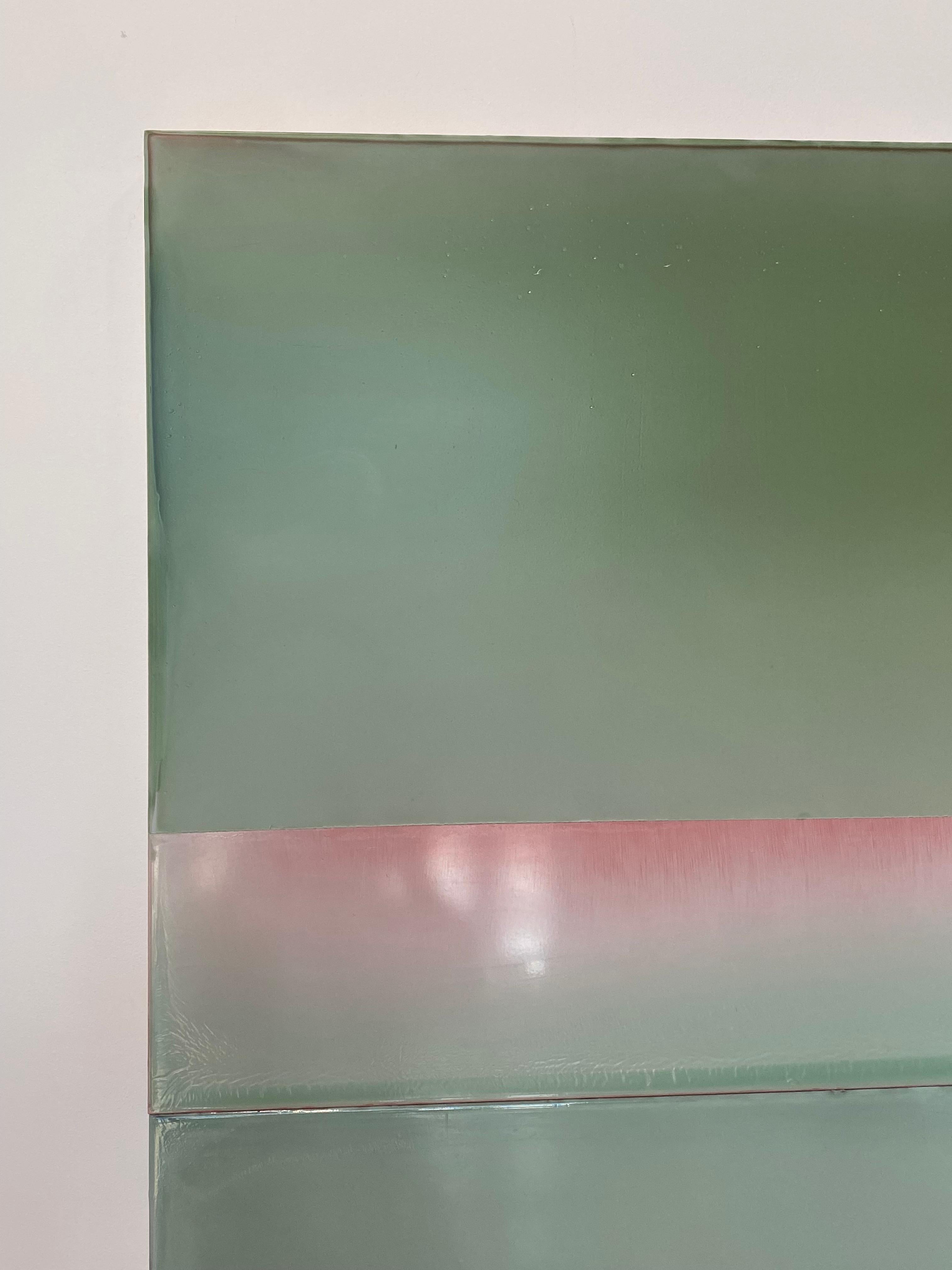 In this contemporary abstract poured painting, the layers of English's tinted polymer create the depth and surface textures throughout the poured painting on Dibond panel. The shades of green in sage and olive transition toward hints of coral pink