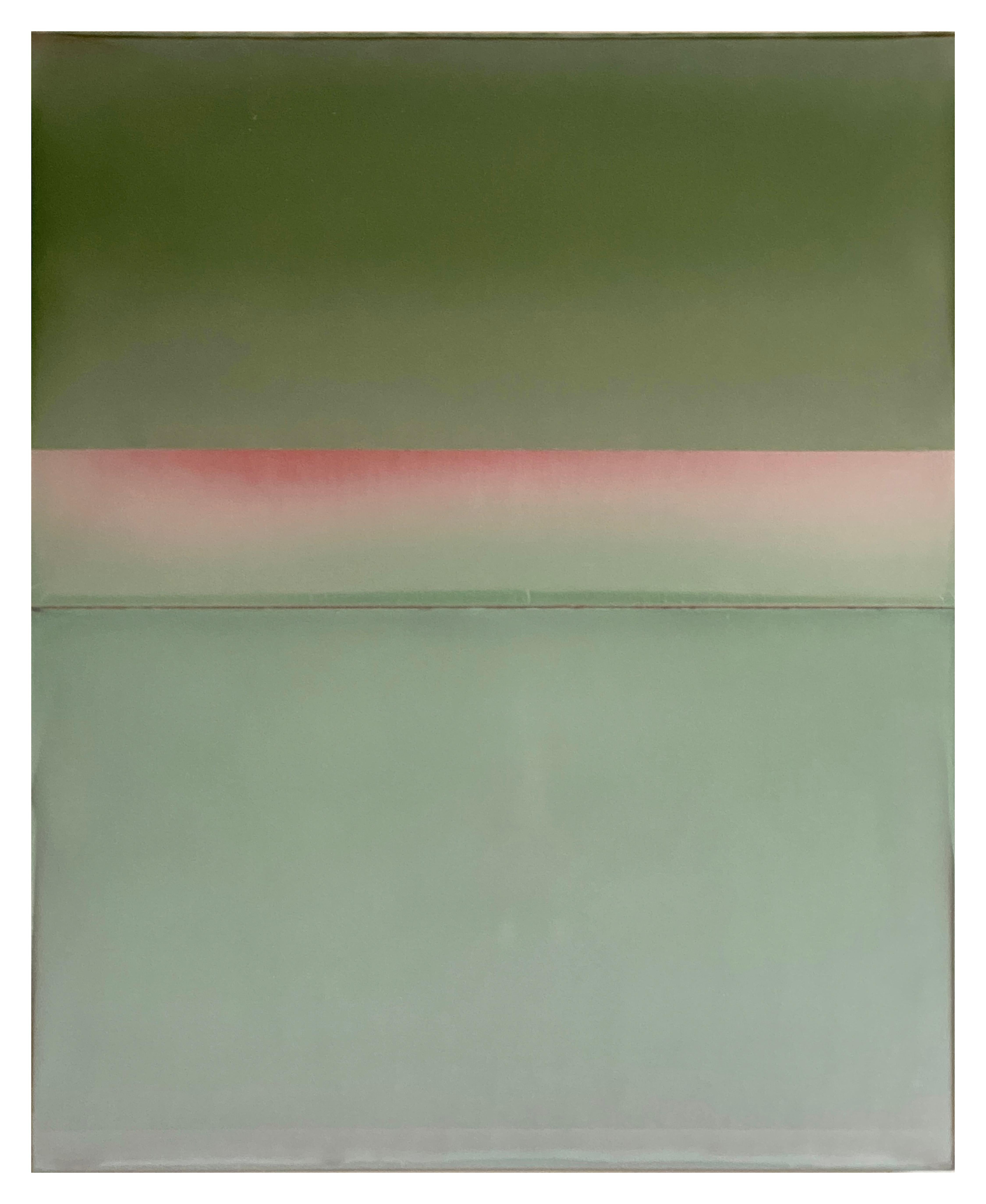 Susan English Abstract Painting – Traces, Sage, Olive Green, Salmon Coral Pink Abstrakte Horizonte, getöntes Polymer