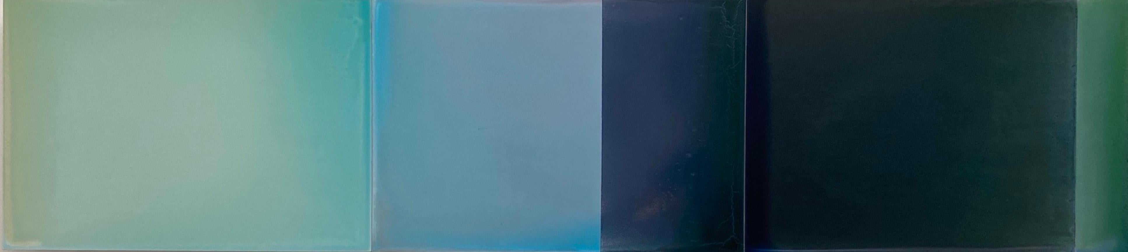 Two Stories No. Two, Pale Teal Green, Dark Indigo Horizontal Glossy Painting