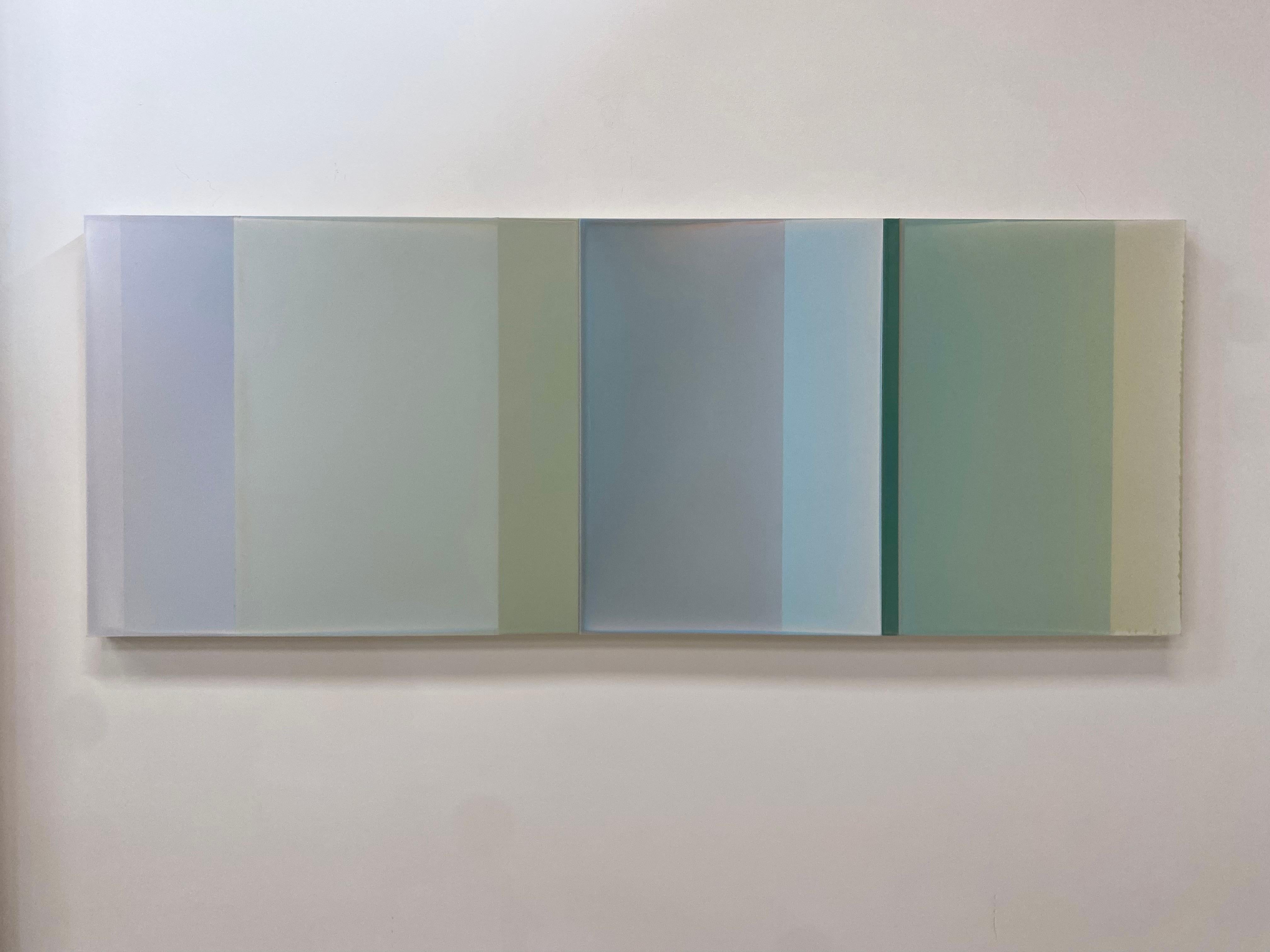 The surface of Vertical Landscape by Susan English is a wonderful play of color, light, and composition. Hues of soft jade, pale sage green, light mint, emerald green and pale bluish periwinkle meet and merge in softly transitioning planes composed