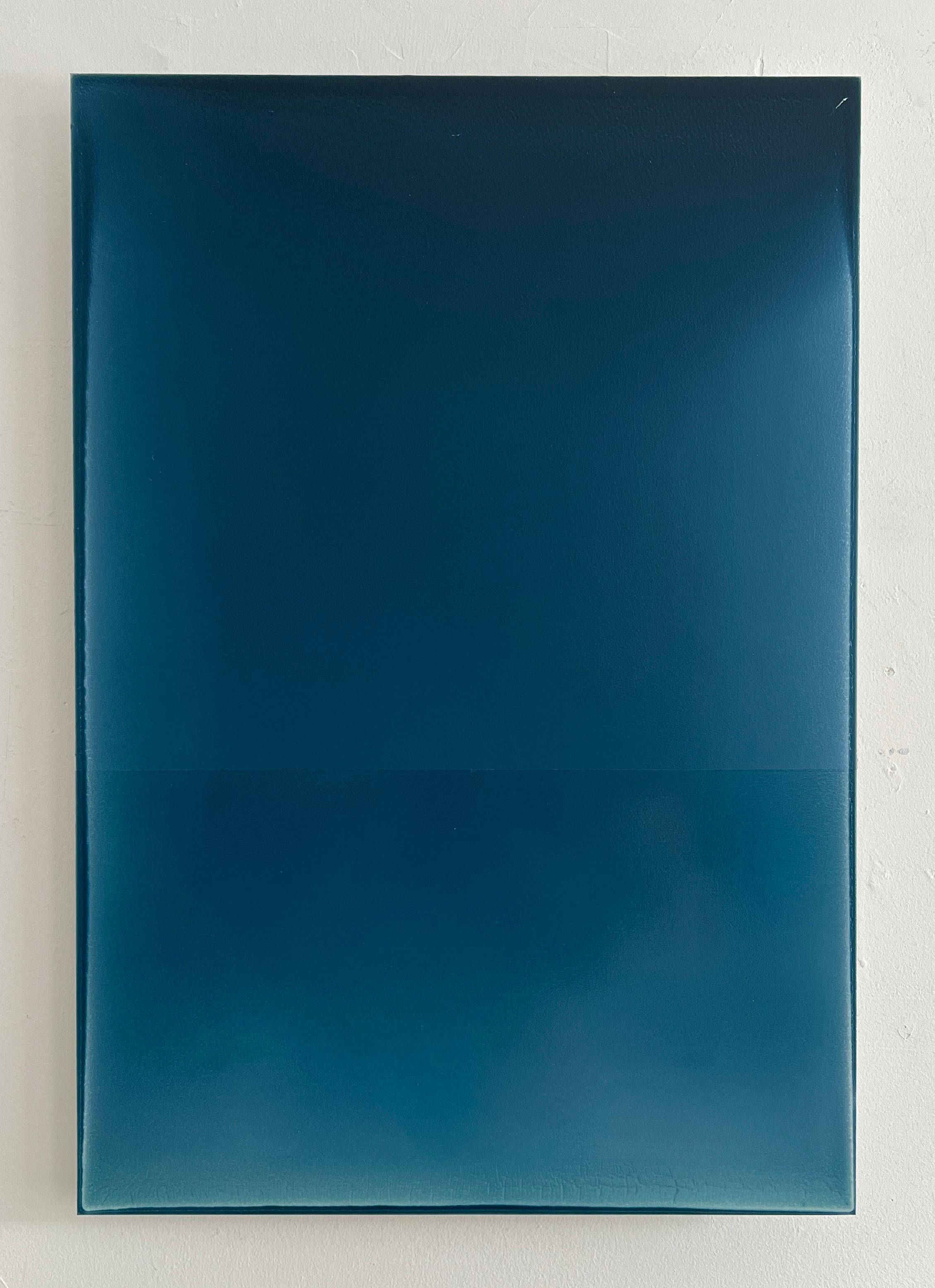 Weather No. 1 by Susan English is a wonderful play of color, light, and composition. The layers of English's tinted polymer on aluminum create the depth and surface textures throughout the dark indigo teal blue green painting. When installed, the
