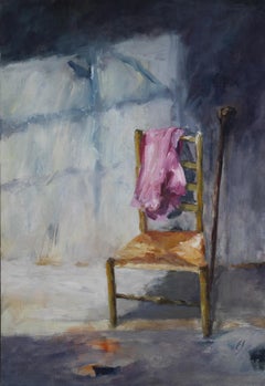 Used Rush Nursing Chair: Still Life Oil Painting on Canvas by Susan Erskine-Jones