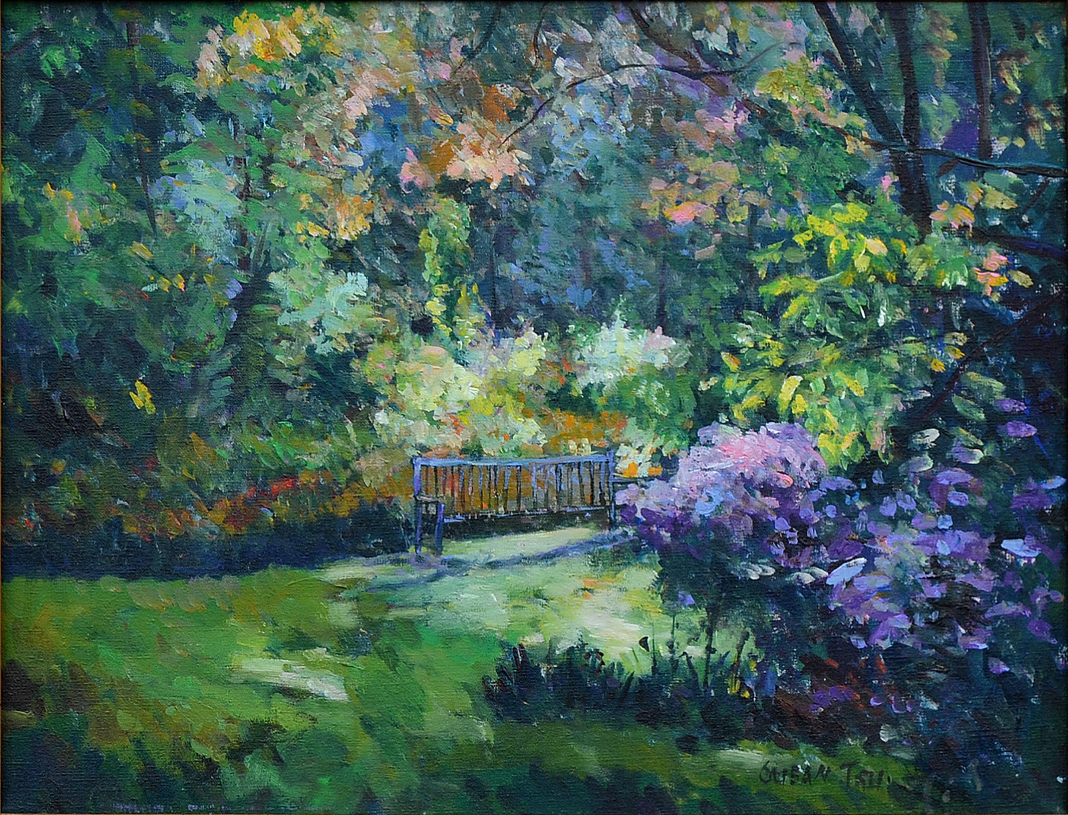 Bench in the Spring Forest Landscape - Painting by Susan F. Tsu