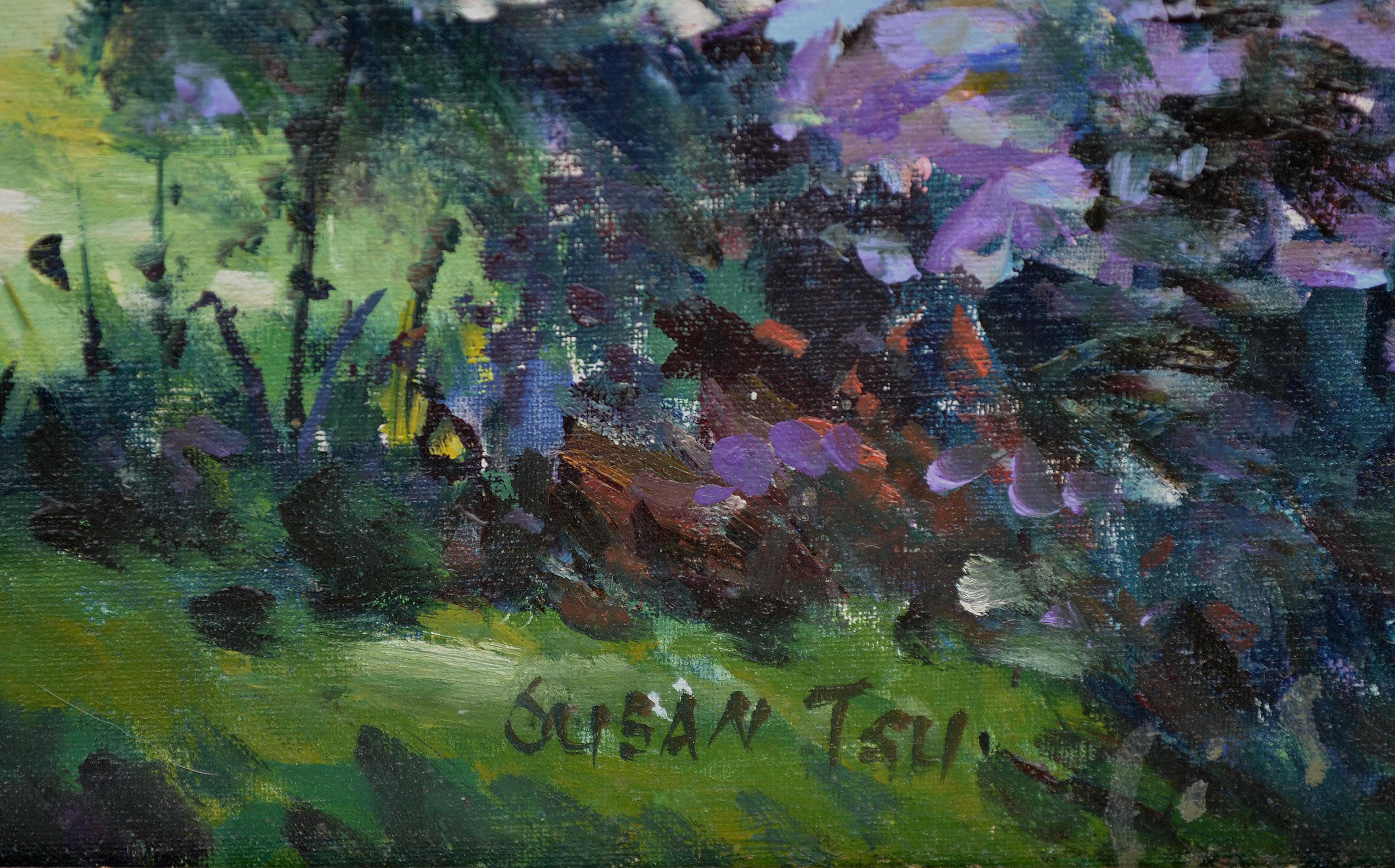 Bench in the Spring Forest Landscape - American Impressionist Painting by Susan F. Tsu