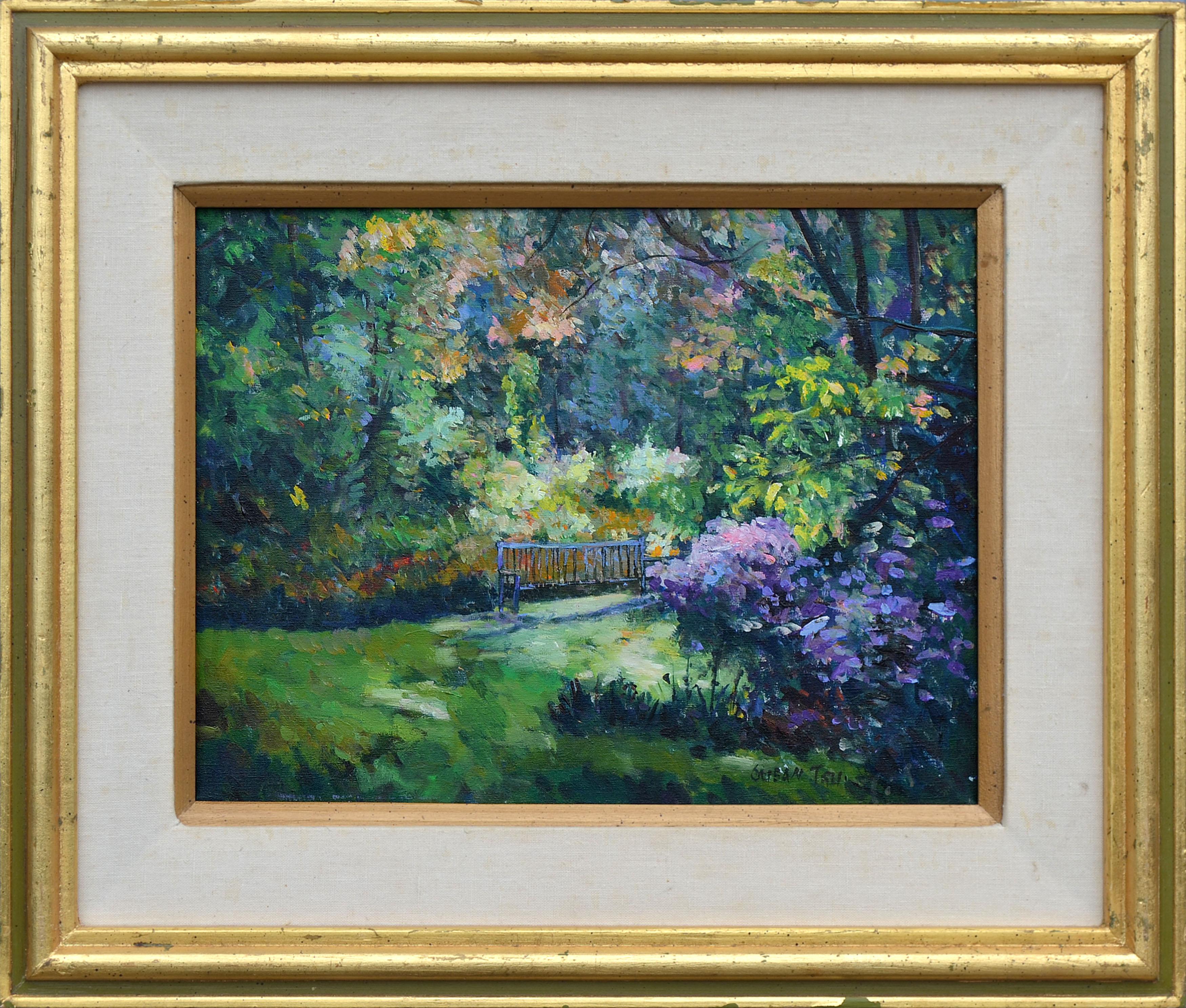 Susan F. Tsu Landscape Painting - Bench in the Spring Forest Landscape