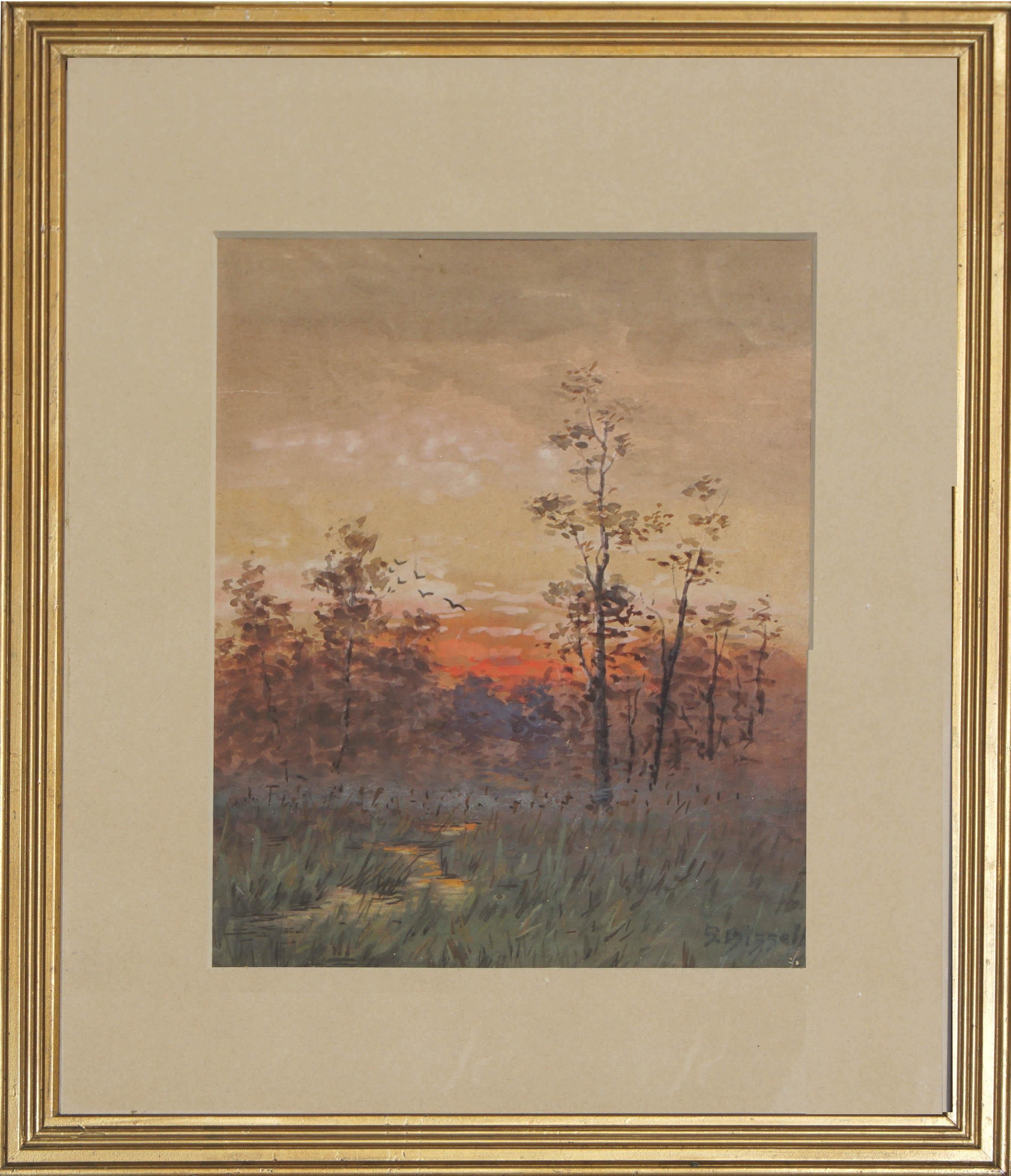 Precioso paisaje en acuarela de un amanecer en Berkshire, obra de Susan Field Bissell (estadounidense, 1860-1920). Presentado en un marco de madera dorada. Firmado 
