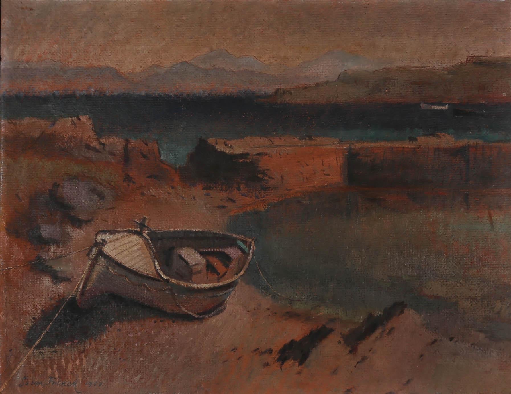 A delightful Mid 20th Century piece depicting a beached fishing boat in a small bay. Across the water the artist shows a mountainous landscape in simple forms. The foreground is captured in a warmer colour palette, with shadows cast behind the