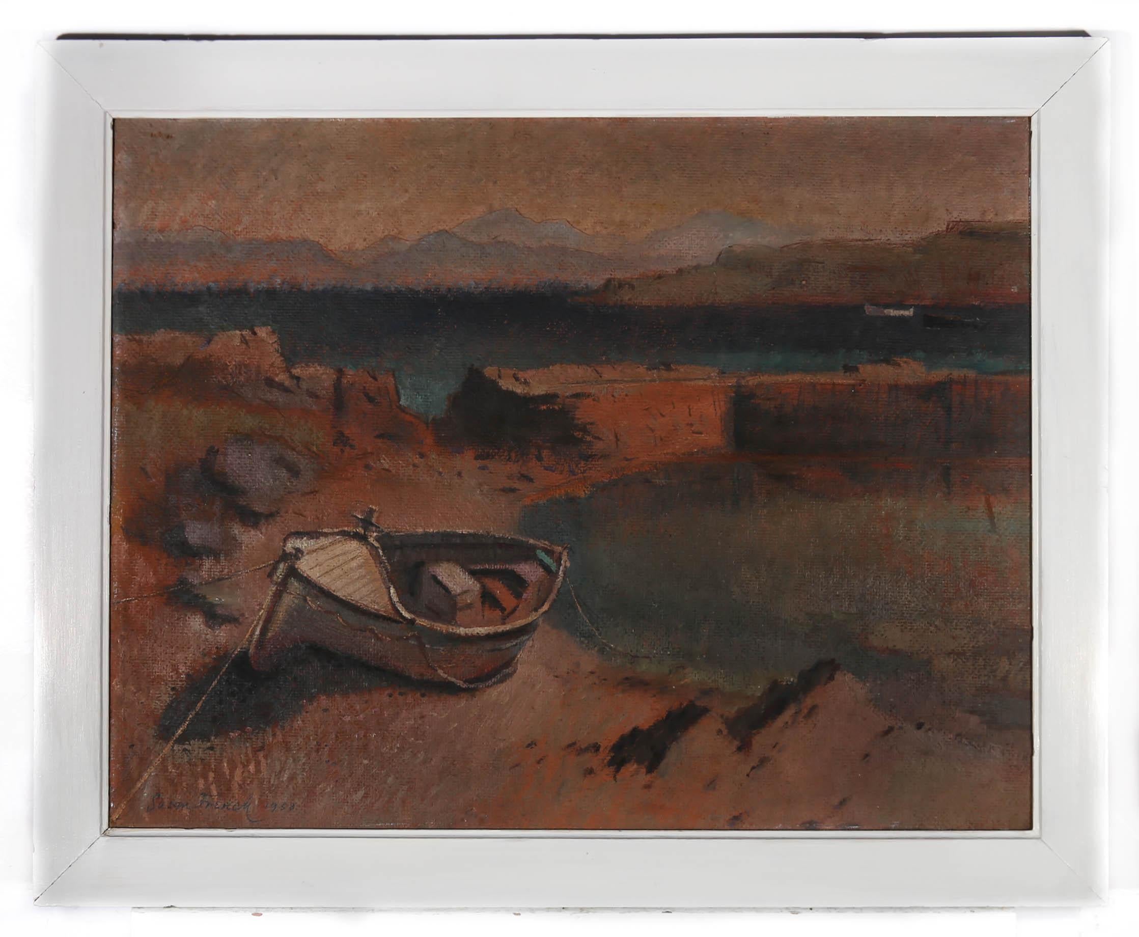A delightful Mid 20th Century piece depicting a beached fishing boat in a small bay. Across the water the artist shows a mountainous landscape in simple forms. The foreground is captured in a warmer colour palette, with shadows cast behind the