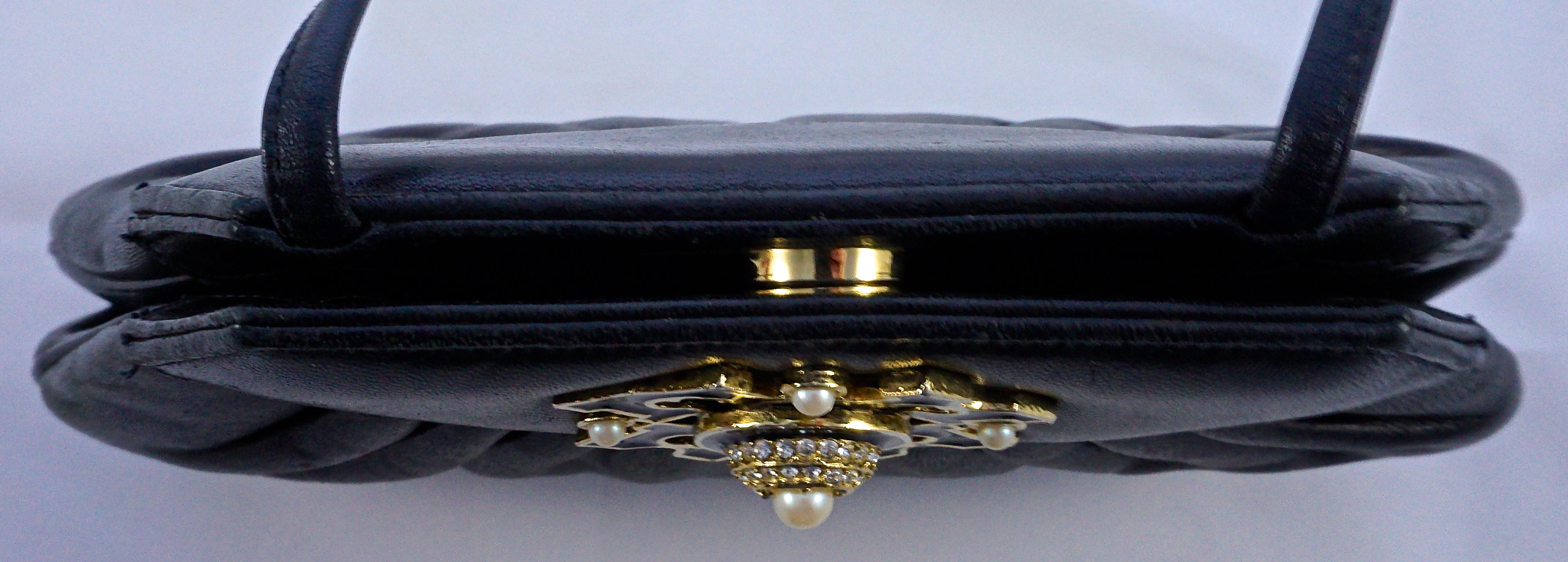 Susan Gail Black Leather Shoulder Bag with Rhinestones Faux Pearls and Enamel  1