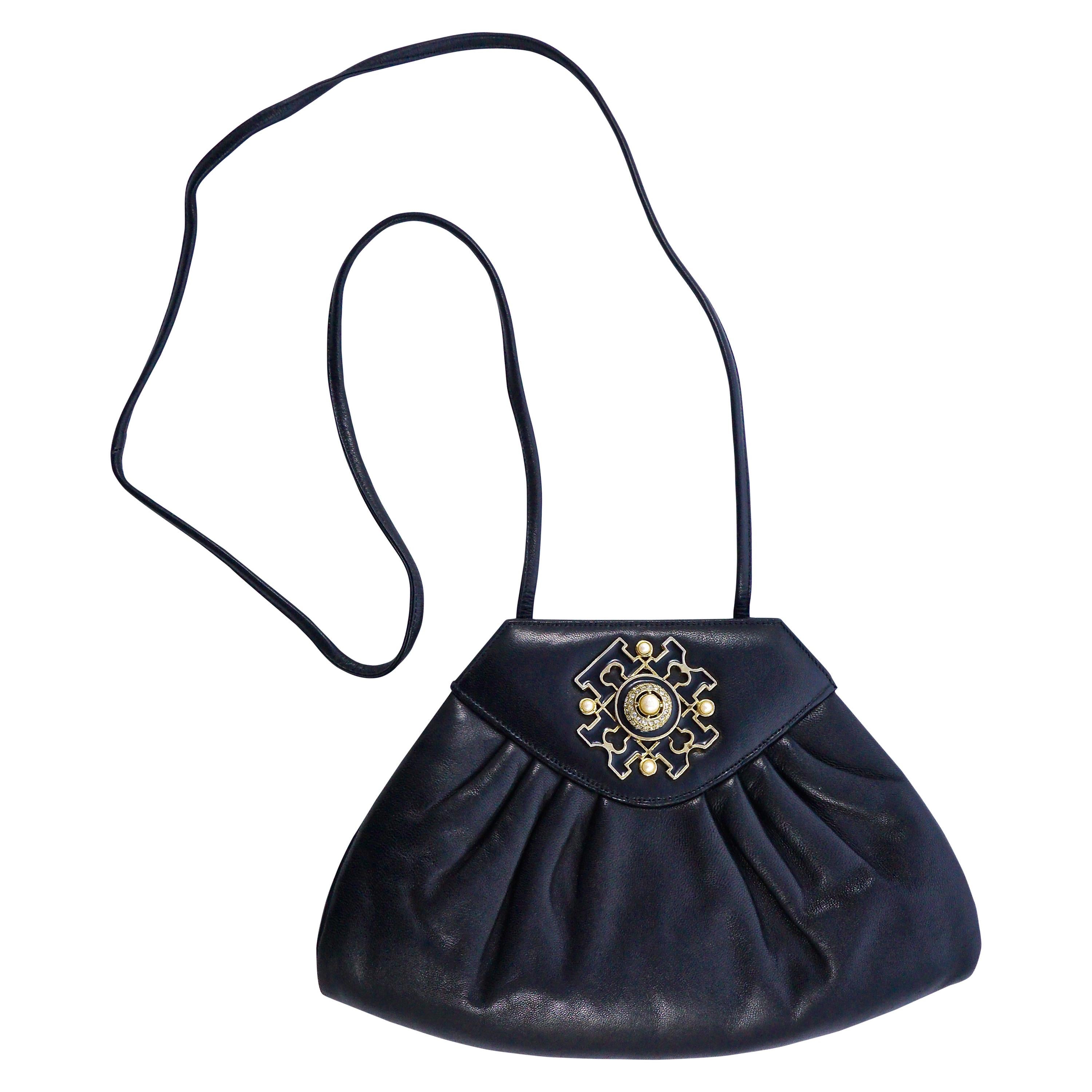 Susan Gail Black Leather Shoulder Bag with Rhinestones Faux Pearls and Enamel 