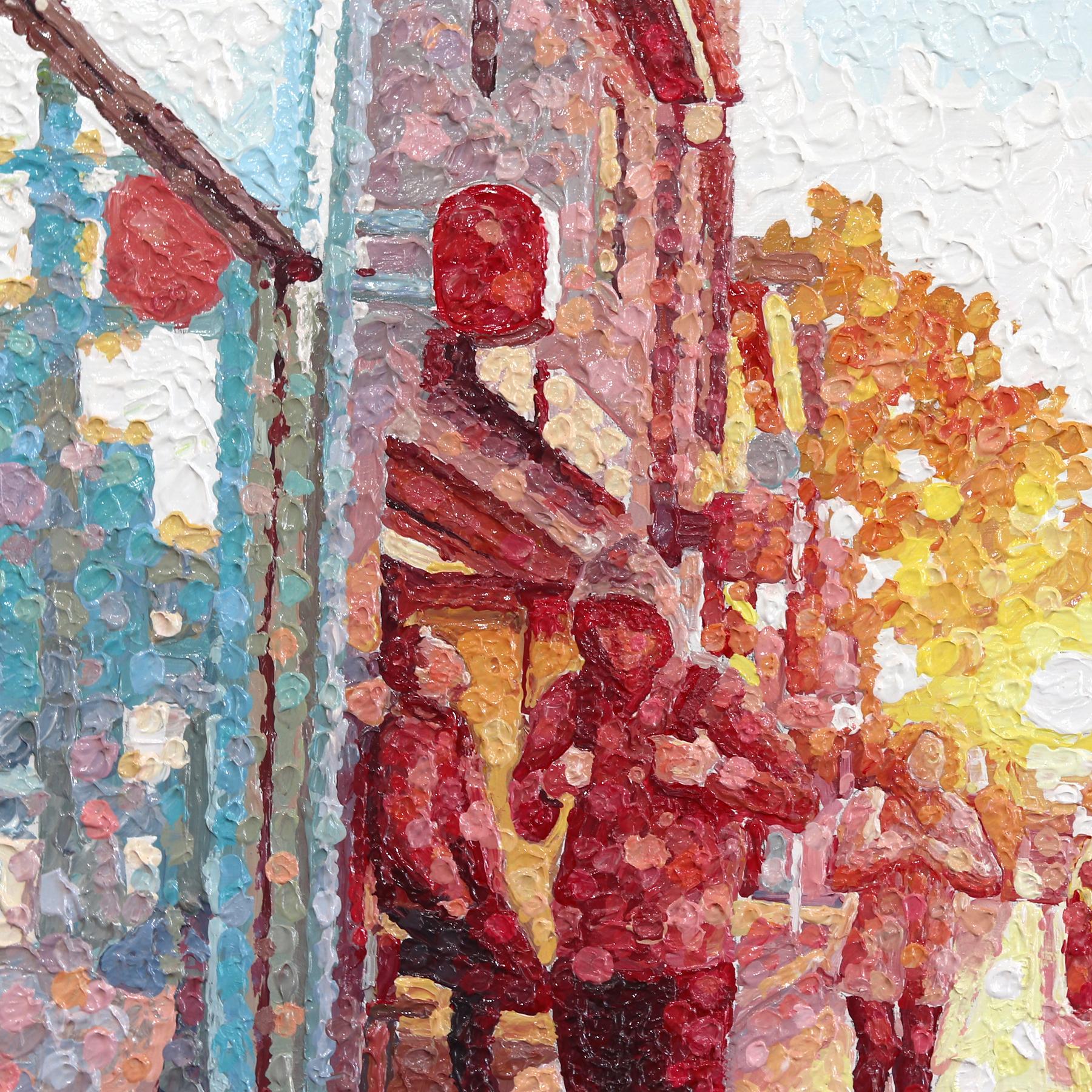 Ein wenig Hoffnung - Original farbenfrohe städtische Stillleben Pointillist texturierte Kunstwerk (Zeitgenössisch), Painting, von Susan Gale