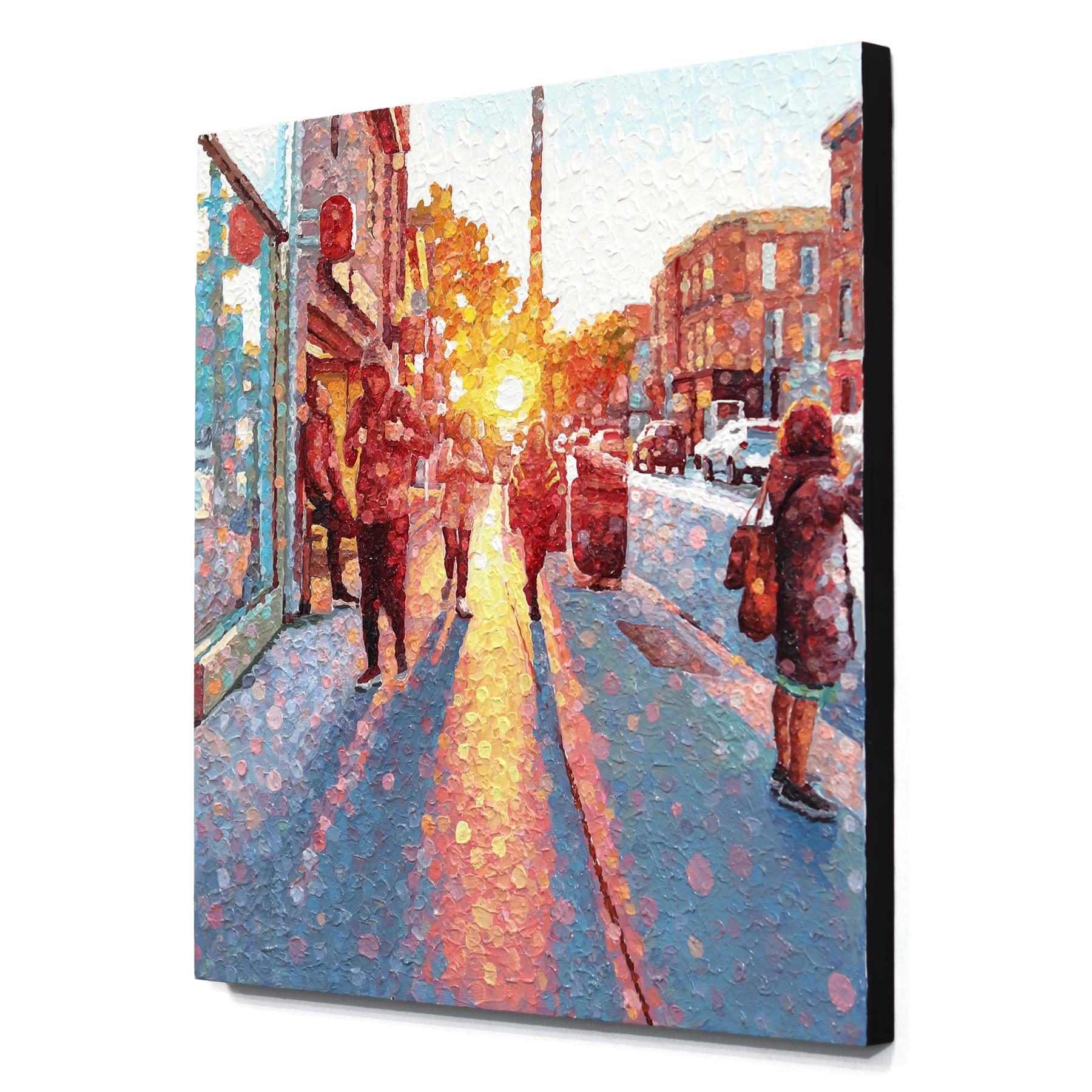 Ein wenig Hoffnung - Original farbenfrohe städtische Stillleben Pointillist texturierte Kunstwerk (Braun), Figurative Painting, von Susan Gale