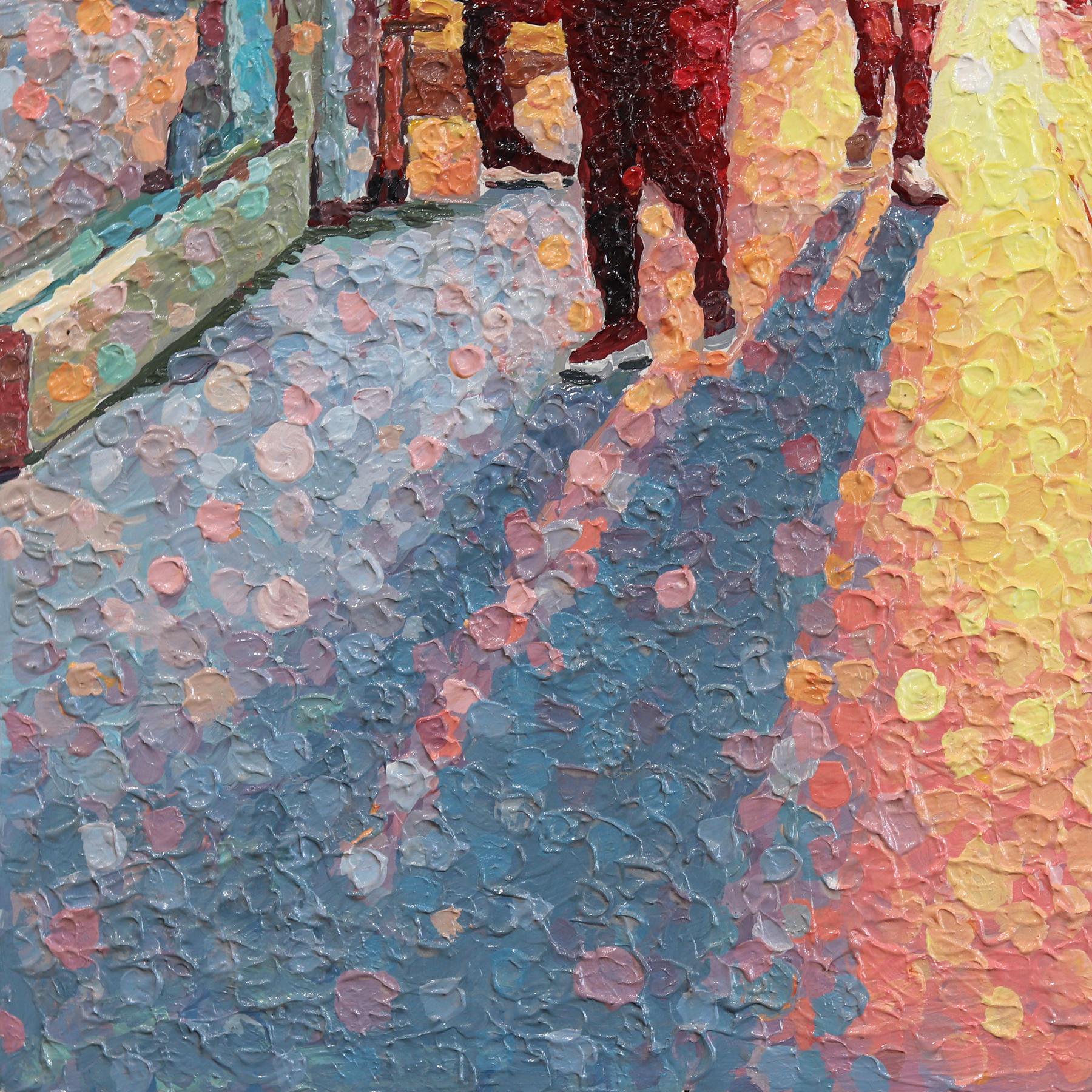 Ein wenig Hoffnung - Original farbenfrohe städtische Stillleben Pointillist texturierte Kunstwerk im Angebot 2