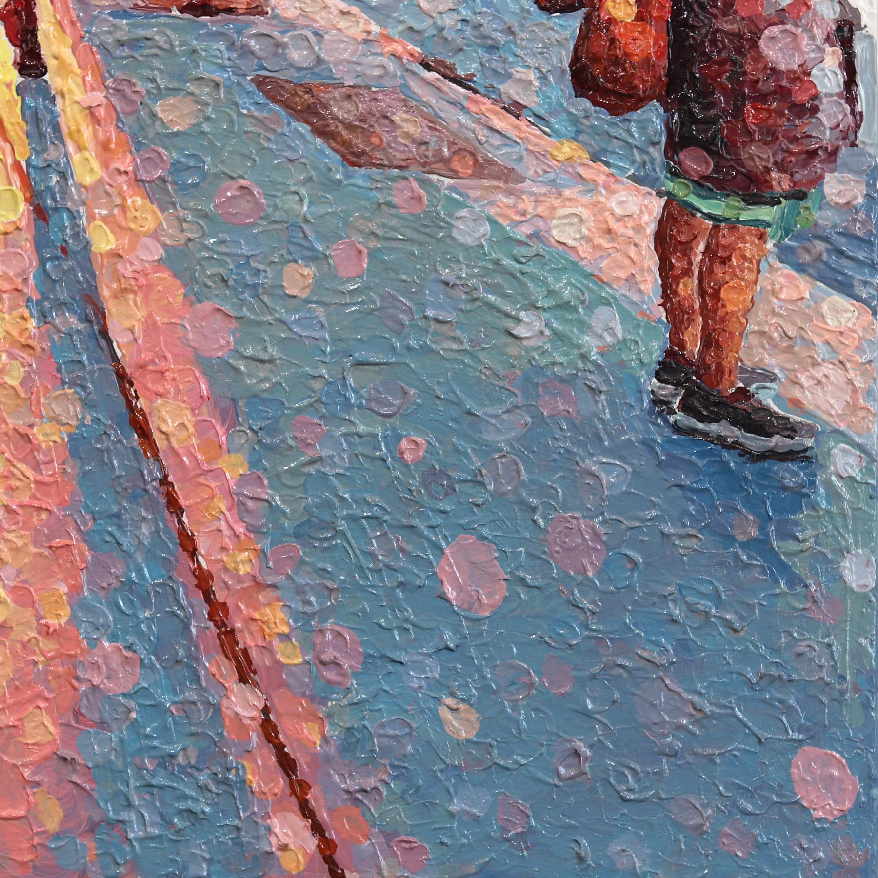 Ein wenig Hoffnung - Original farbenfrohe städtische Stillleben Pointillist texturierte Kunstwerk im Angebot 3