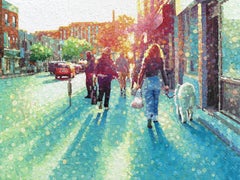 Eine Welt, in der – Originelles, figuratives Stadt-Stillleben im Pointillismus-Stil mit strukturierter Oberfläche