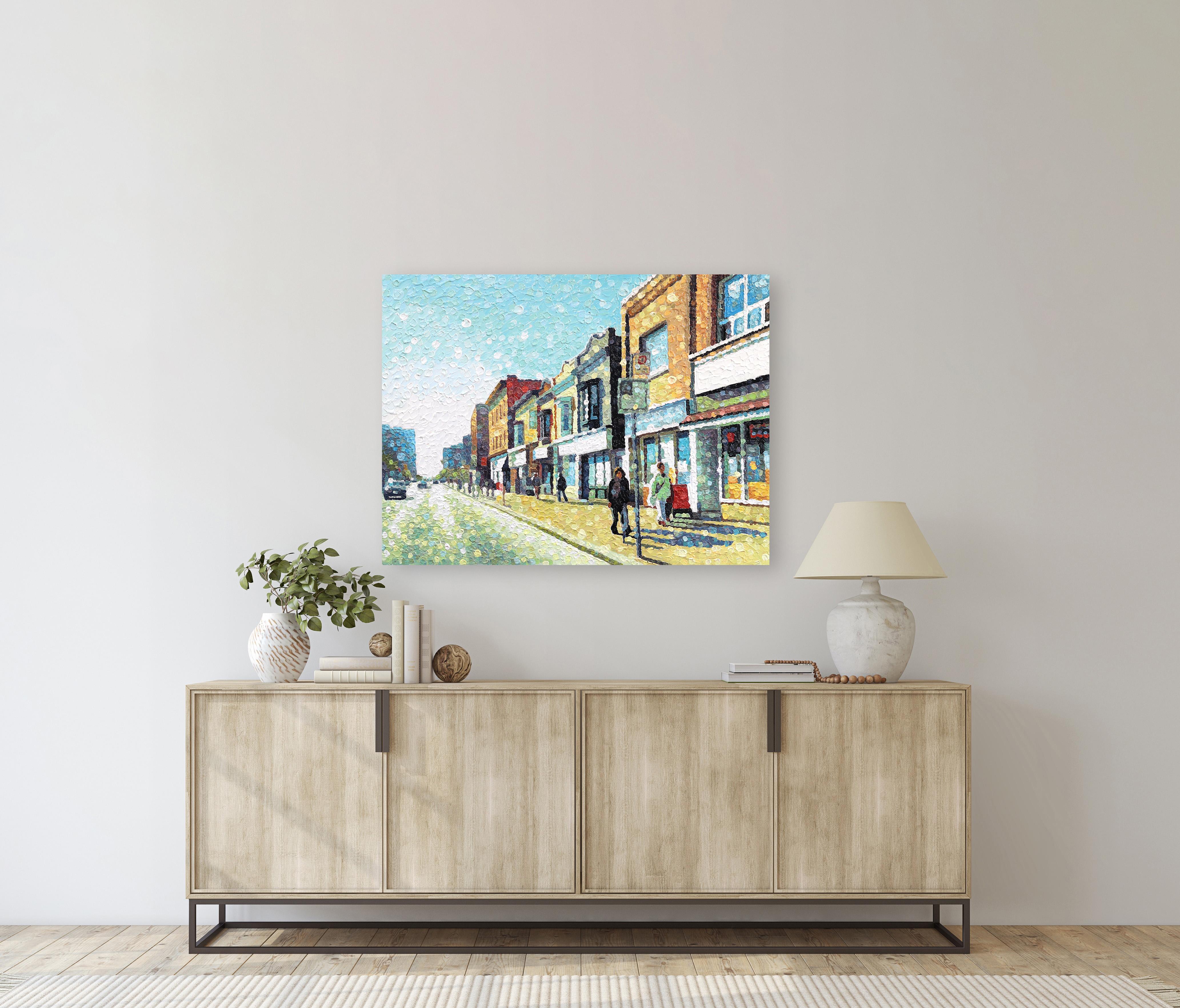 Flow State - Original farbenfrohes urbanes Stillleben pointillistisch strukturiertes Kunstwerk – Painting von Susan Gale