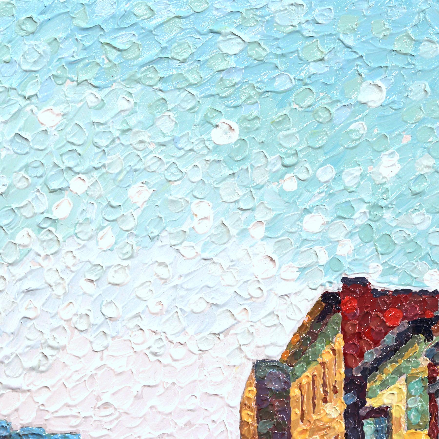 Flow State - Original farbenfrohes urbanes Stillleben pointillistisch strukturiertes Kunstwerk (Zeitgenössisch), Painting, von Susan Gale