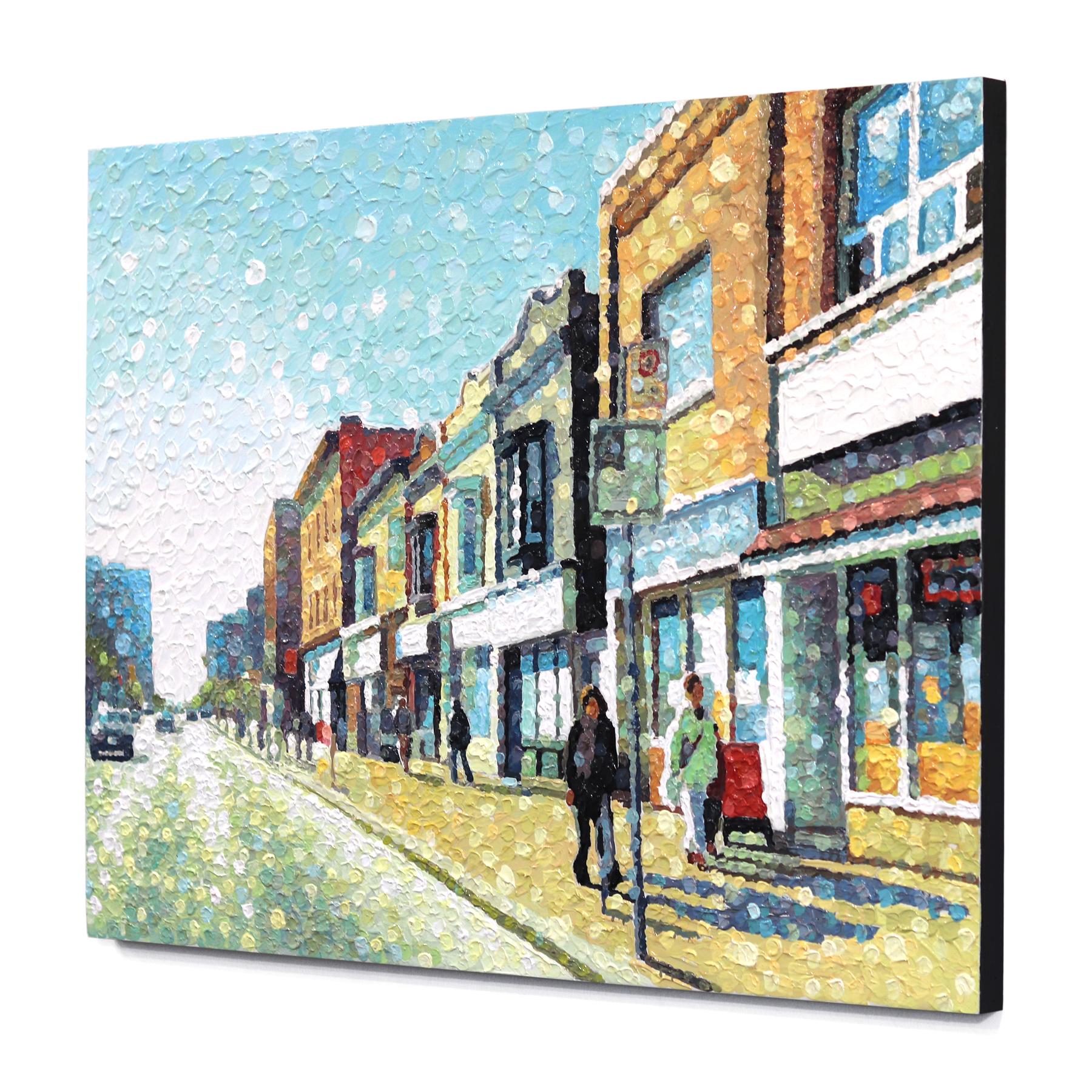 Flow State - Original farbenfrohes urbanes Stillleben pointillistisch strukturiertes Kunstwerk (Grau), Figurative Painting, von Susan Gale