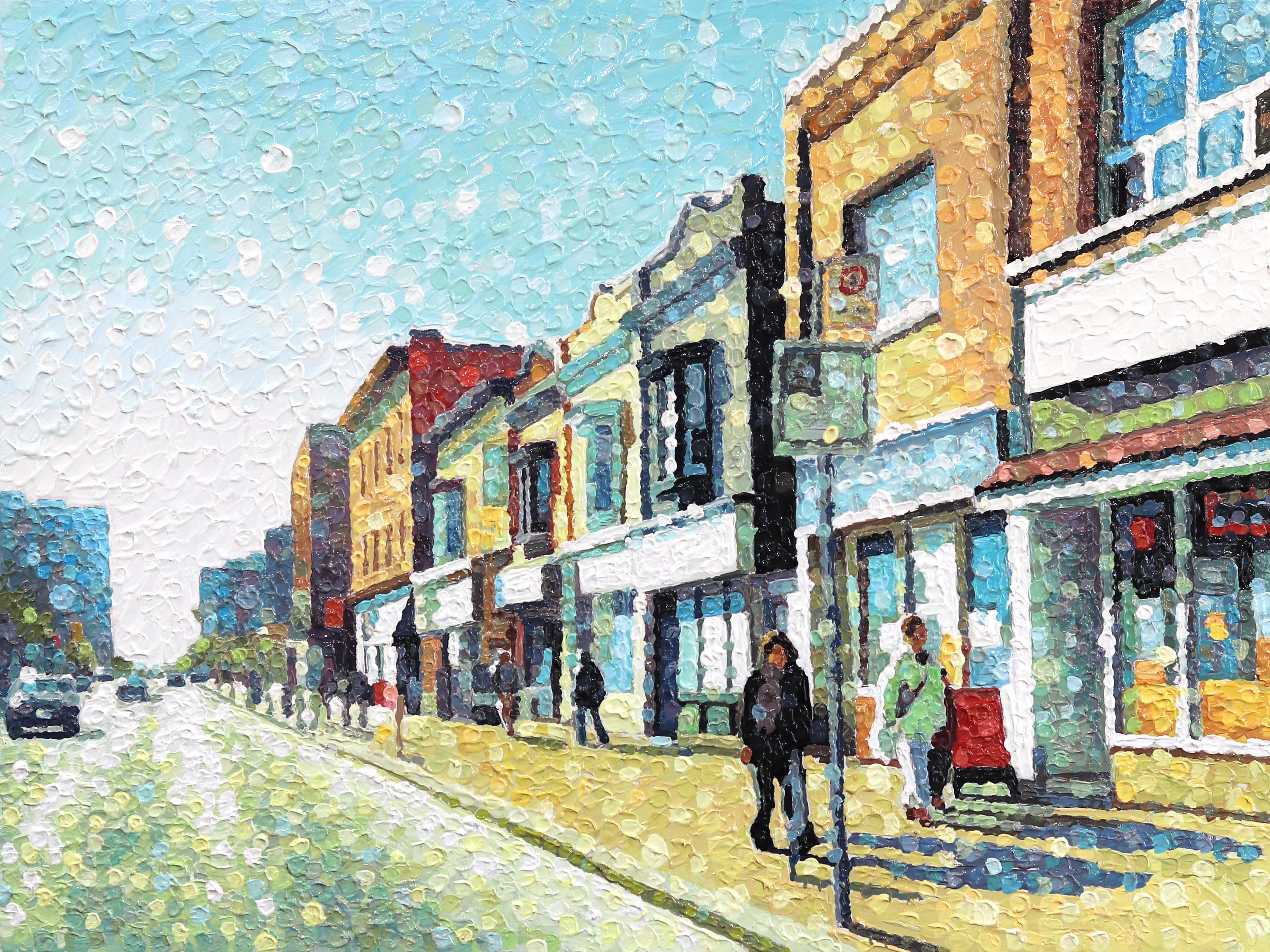 Susan Gale Figurative Painting – Flow State - Original farbenfrohes urbanes Stillleben pointillistisch strukturiertes Kunstwerk