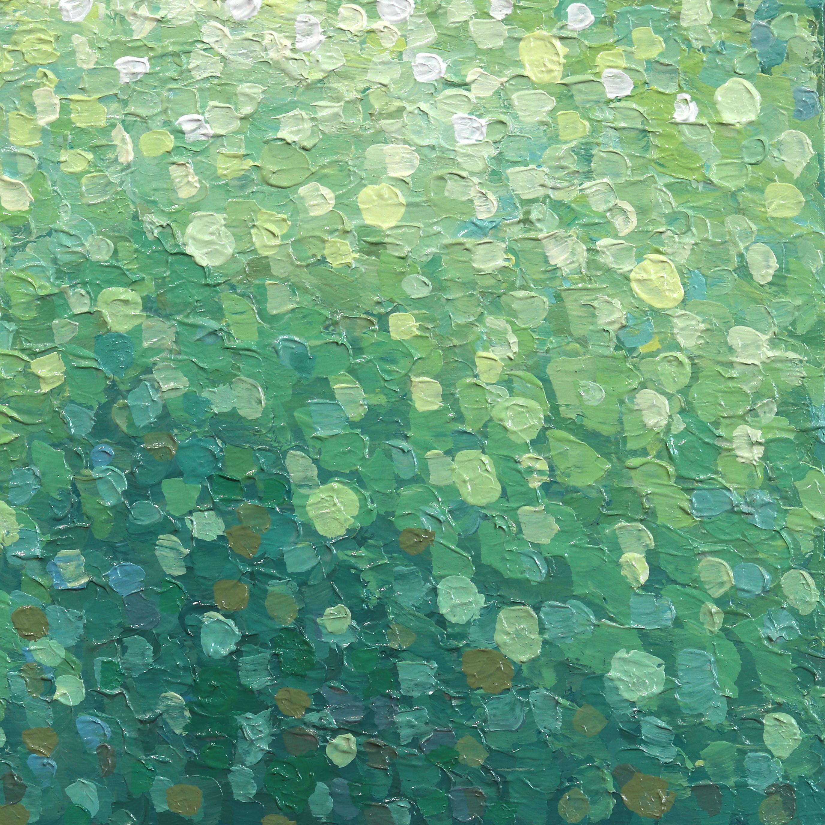 Full Circle - Original Green Tone Urban Still Life Pointillist Textured Artwork - Contemporary Painting by Susan Gale