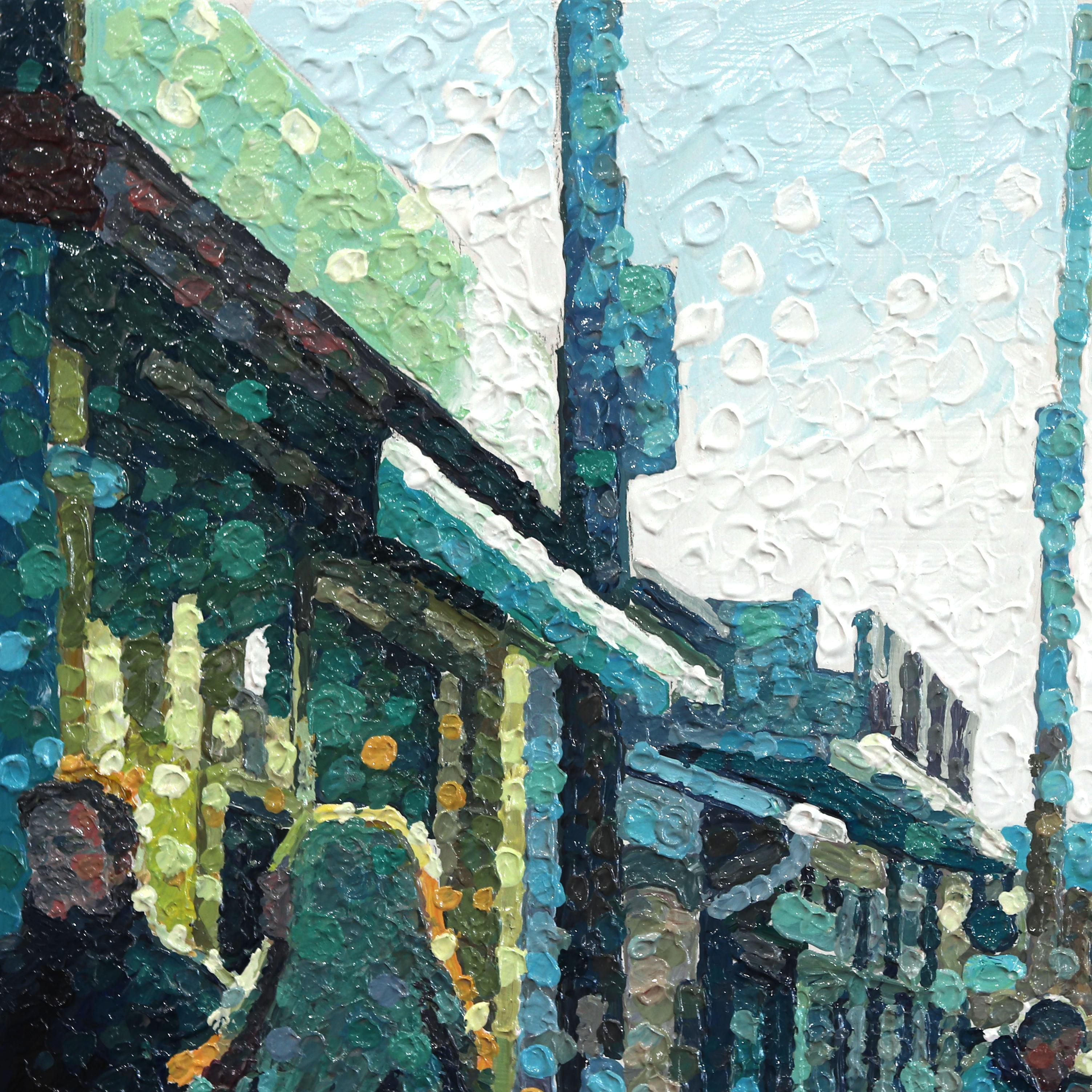 Full Circle - Original Green Tone Urban Still Life Pointillist Textured Artwork For Sale 2