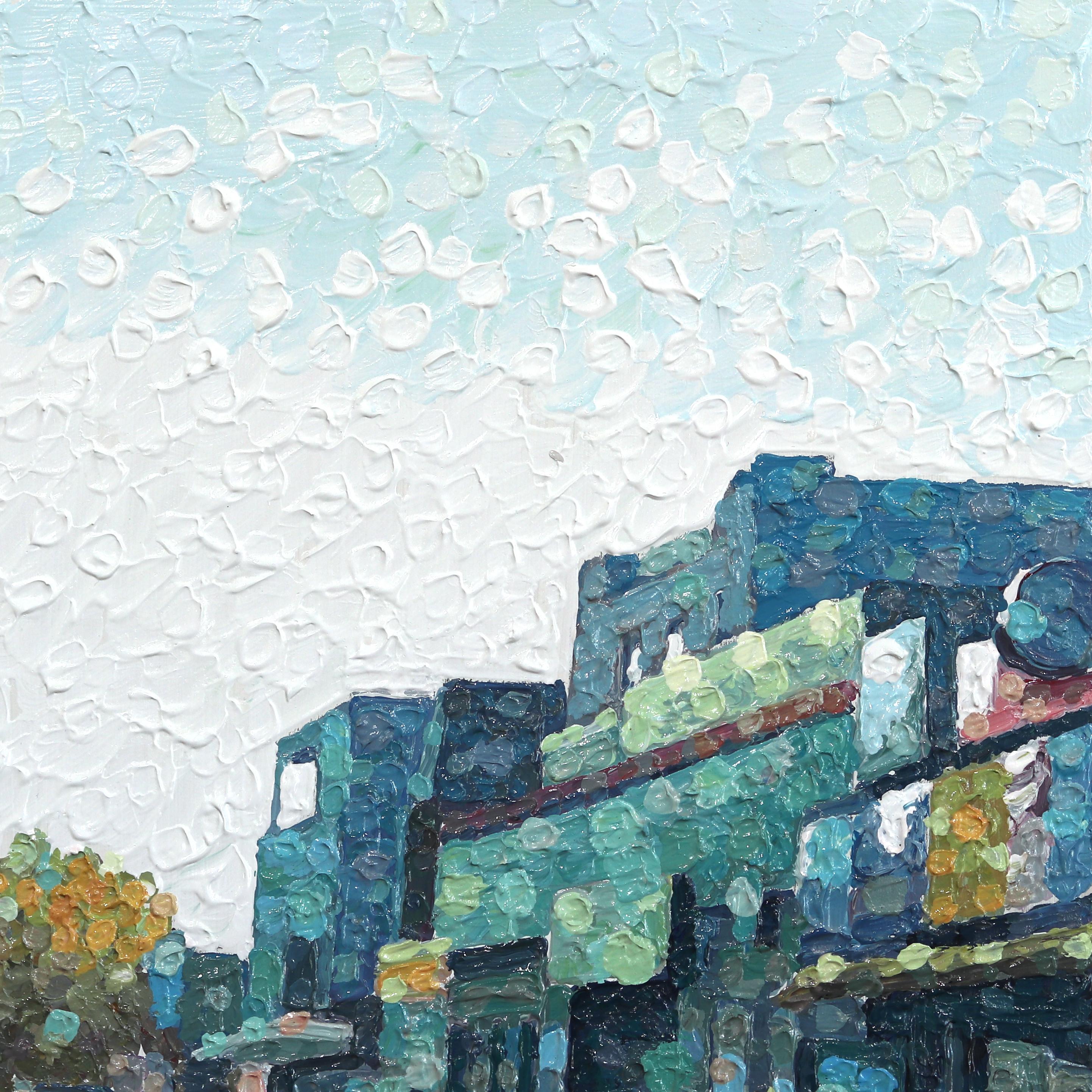 Full Circle - Original Green Tone Urban Still Life Pointillist Textured Artwork For Sale 3