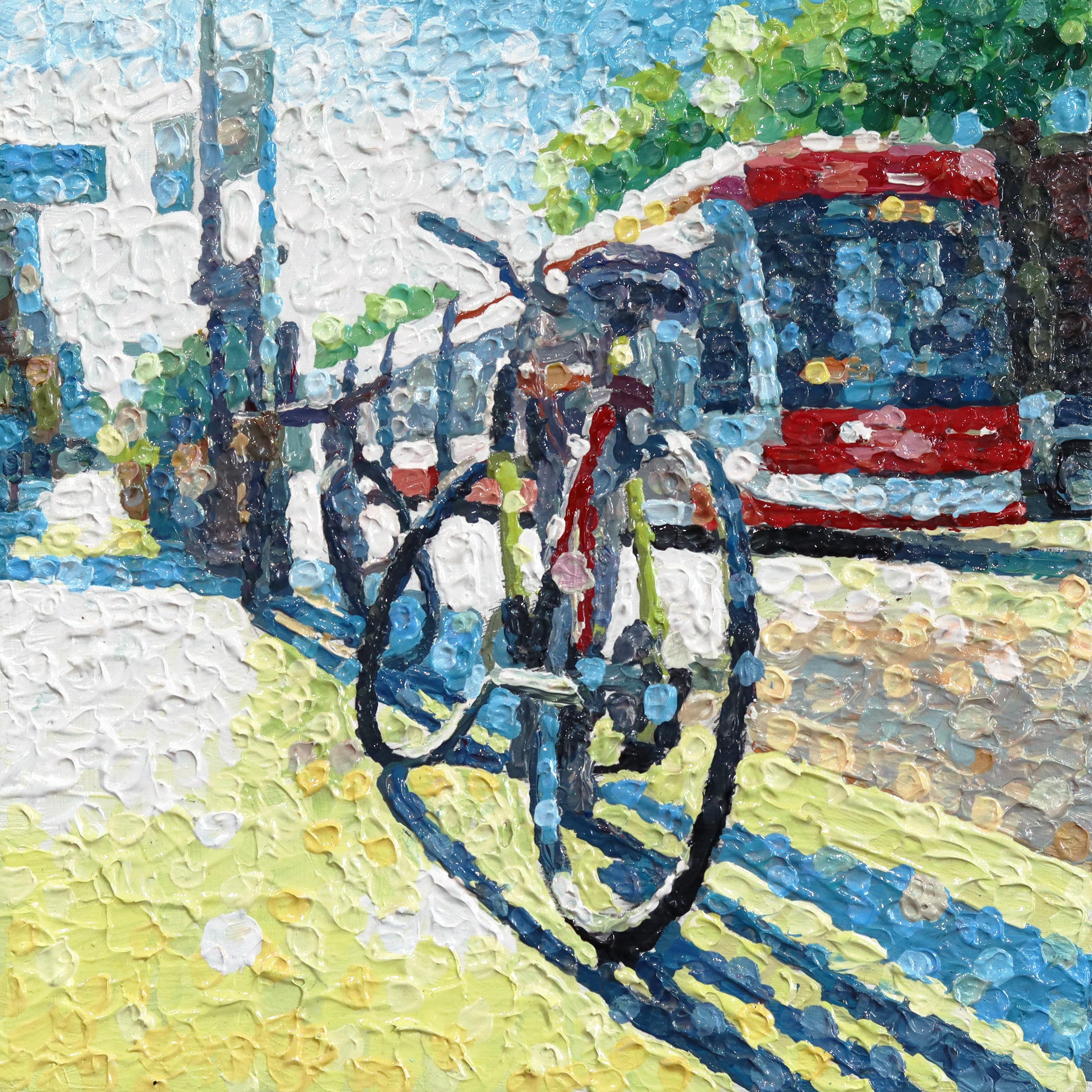 Susan Gale Still-Life Painting - Sound and Motion - Original Urban Bicycle Still Life Pointillist Textured Art