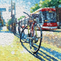 Sonido y movimiento: obra de arte original de estilo puntillista con textura, que representa un bodegón urbano con una bicicleta