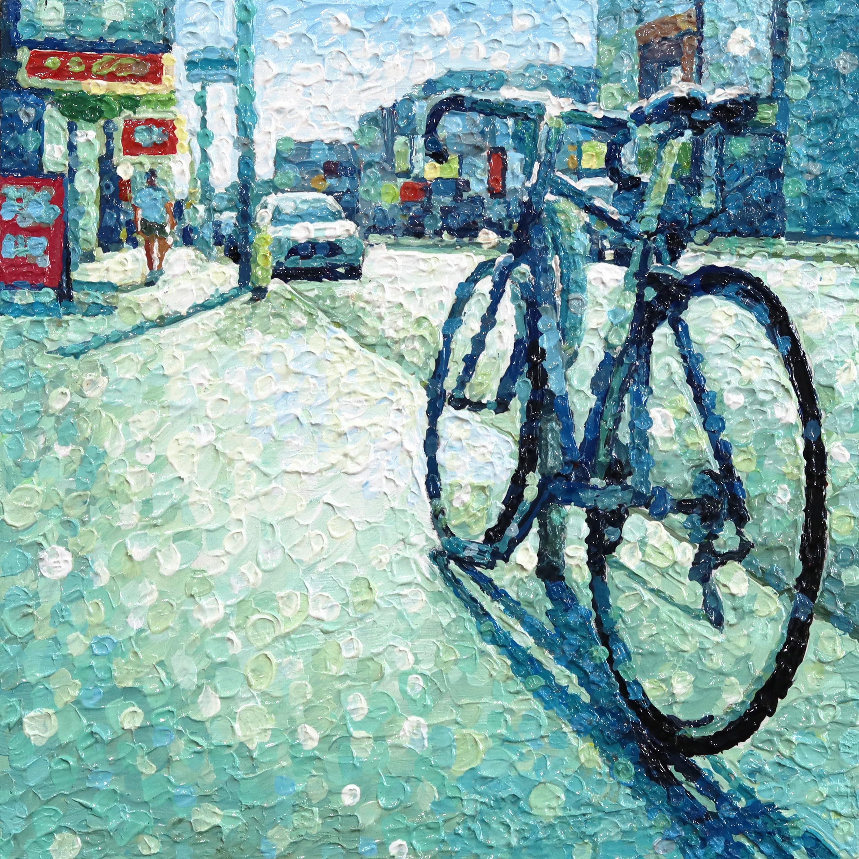 Susan Gale Figurative Painting - Trust the Unfolding- Figurative Urban Still Life Pointillist Textured Artwork