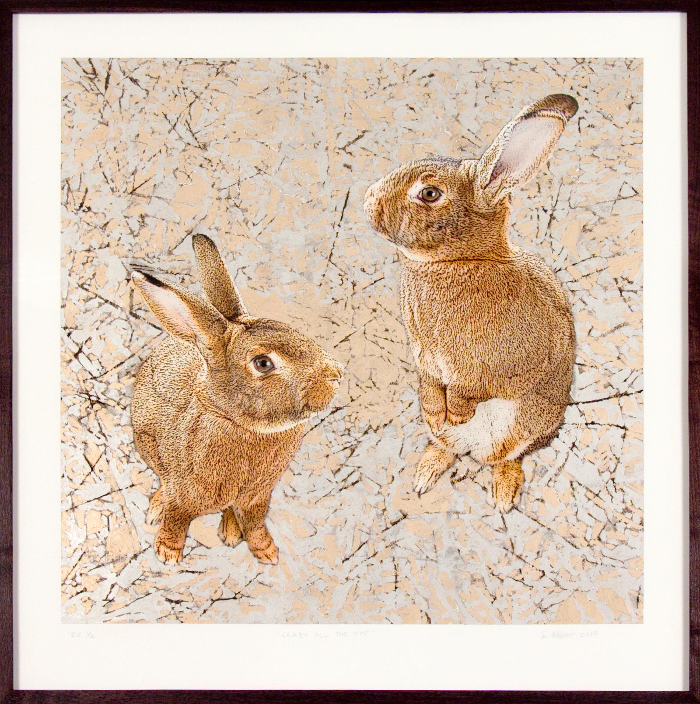 Crazy All the Time, Mixed Media Contemporary, Rabbits, Bunnies, Abstract - Mixed Media Art by Susan Goldsmith